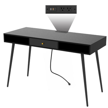 Mid Century Desk With Usb Ports And Power Outlet, Modern Writing Study Desk With Drawers, Multifunctional Home Office Computer Desk Black Black Mdf