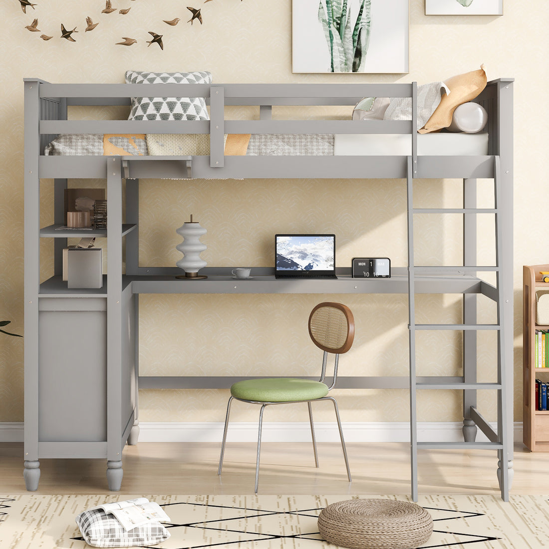 Twin Size Loft Bed With Drawers And Desk, Wooden Loft Bed With Shelves Gray Old Sku: Lt001530Aae Gray Solid Wood