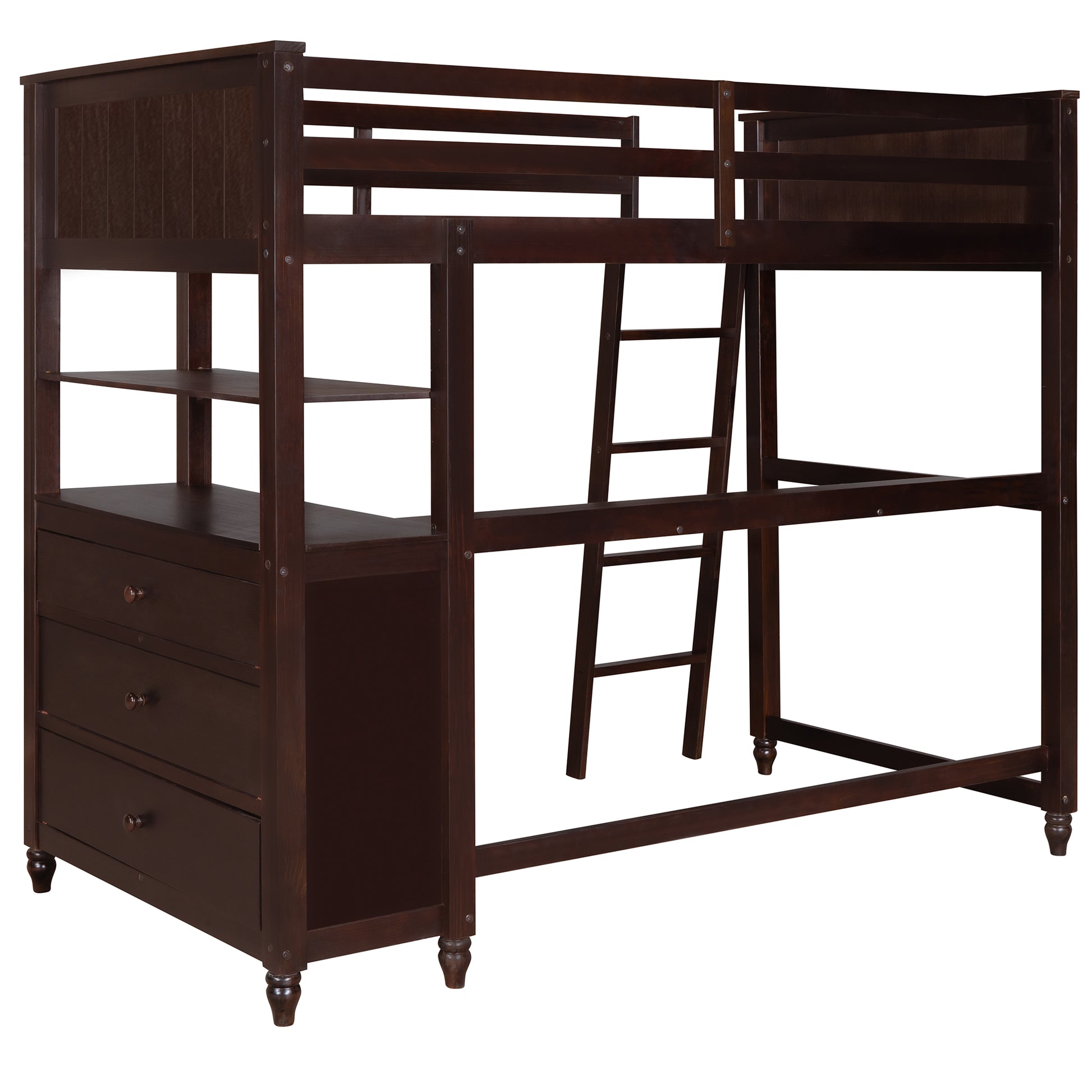 Twin Size Loft Bed With Drawers And Desk, Wooden Loft Bed With Shelves Espresso Old Sku: Lt001530Aap Espresso Solid Wood