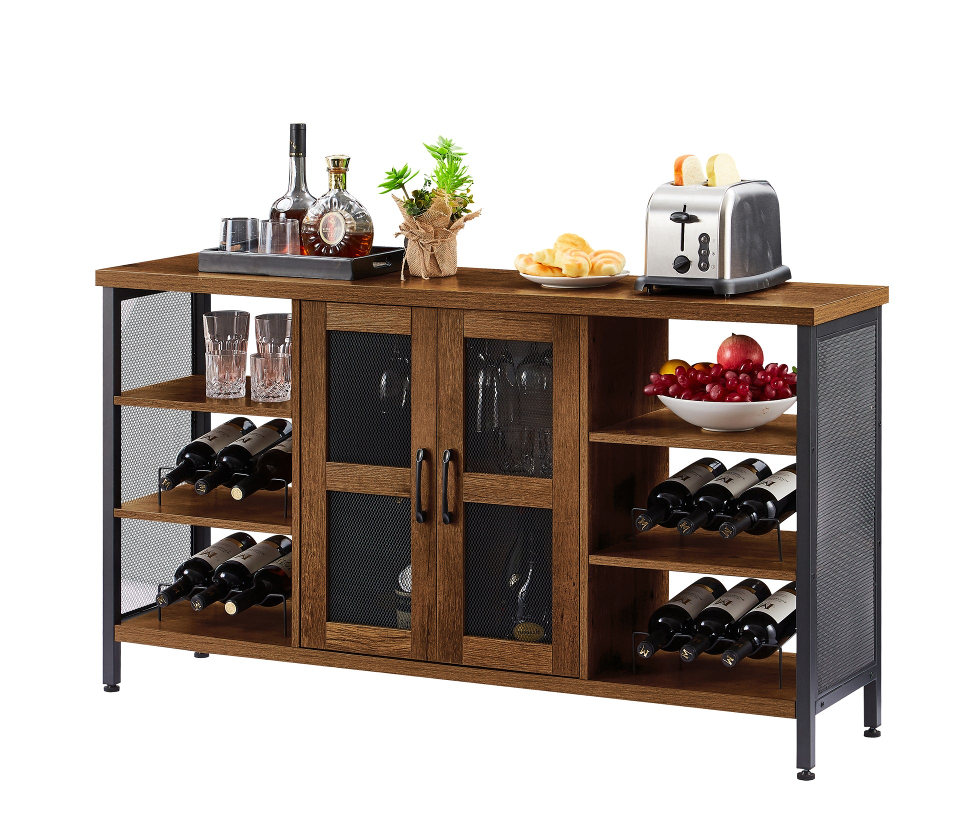 Industrial Wine Bar Cabinet, Liquor Storage Credenza, Sideboard With Wine Racks & Stemware Holder Hazelnut Brown, 55.12''W X 13.78''D X 30.31'' H Brown Oak Particle Board