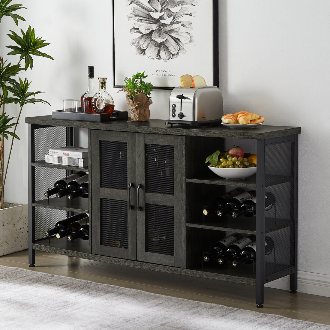 Industrial Wine Bar Cabinet, Liquor Storage Credenza, Sideboard With Wine Racks & Stemware Holder Dark Grey, 55.12''W X 13.78''D X 30.31'' H Dark Gray Particle Board