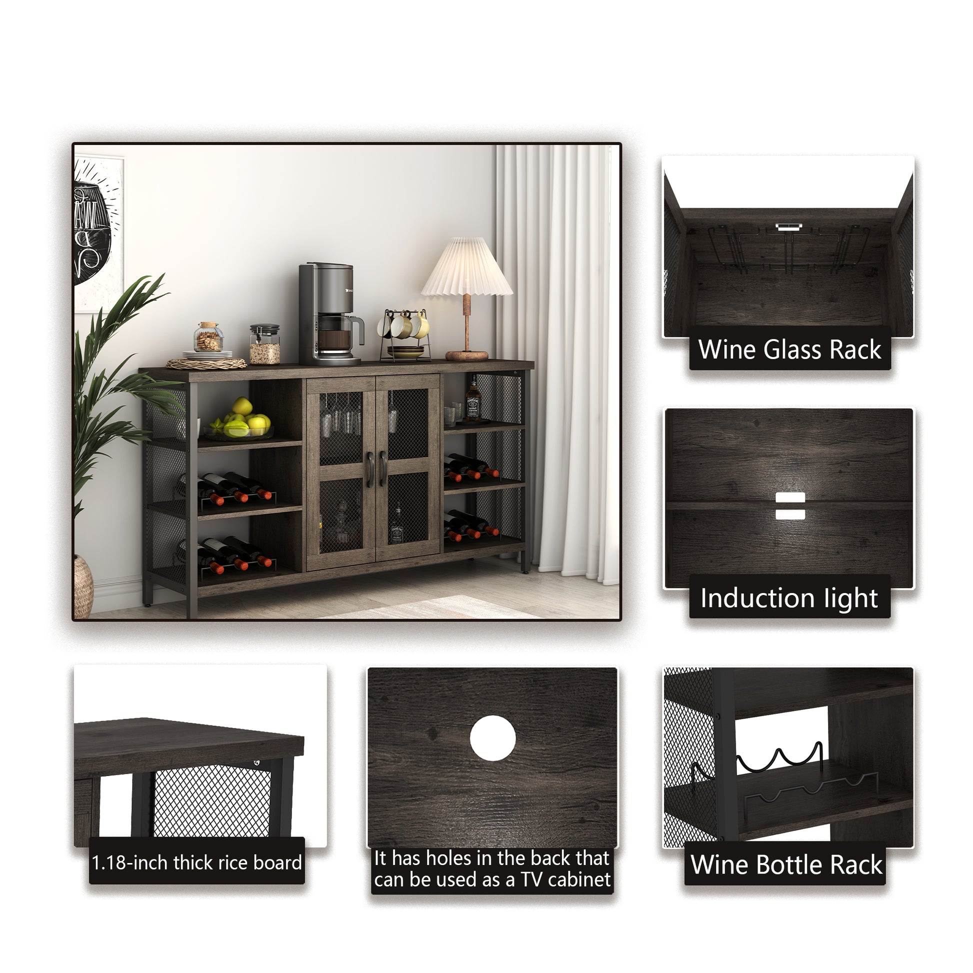 Industrial Wine Bar Cabinet, Liquor Storage Credenza, Sideboard With Wine Racks & Stemware Holder Dark Grey, 55.12''W X 13.78''D X 30.31'' H Dark Gray Particle Board