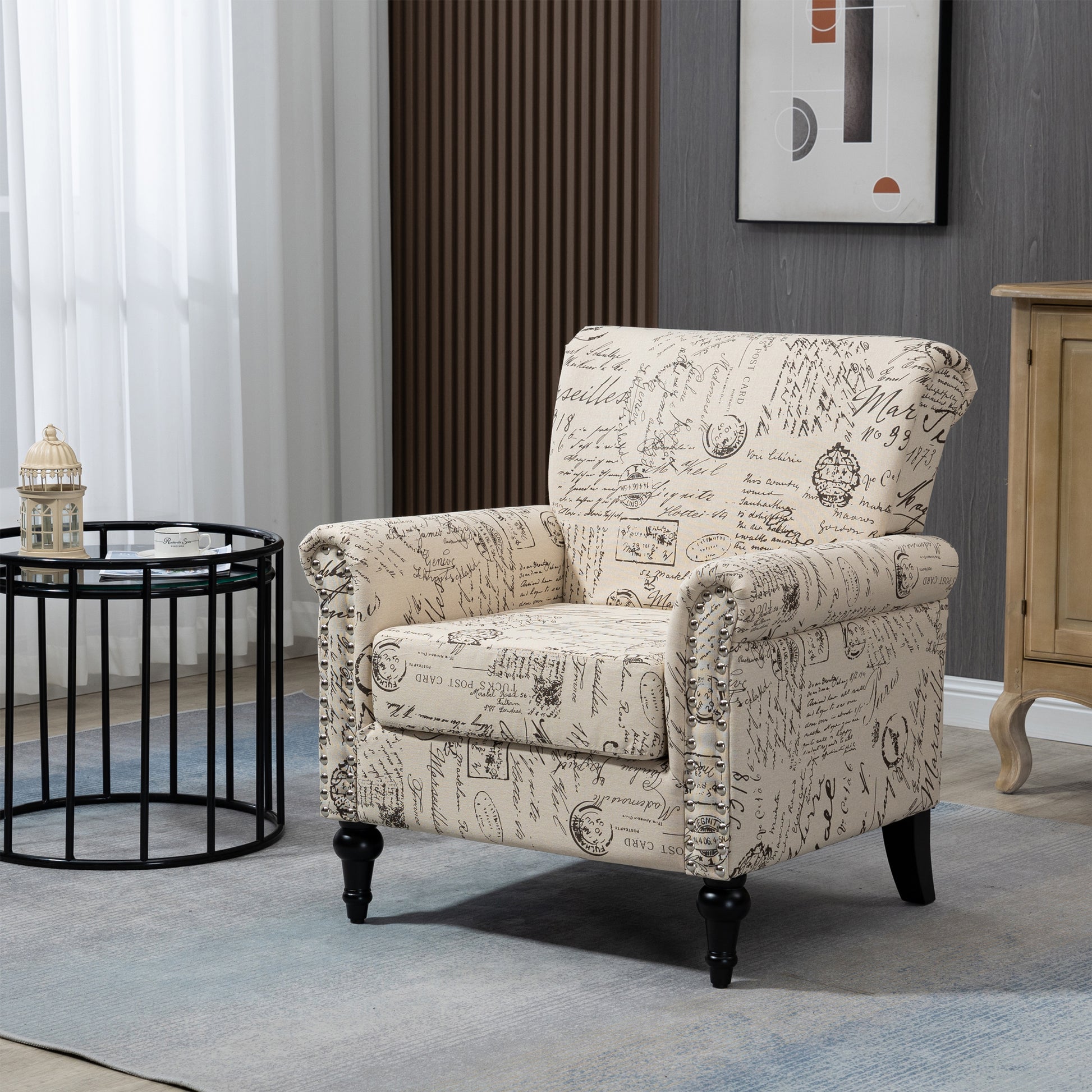 Mid Century Modern Accent Chair, Linen Armchair W Tufted Back Wood Legs, Upholstered Lounge Arm Chair Single Sofa For Living Room Bedroom, Beige Beige Foam Linen