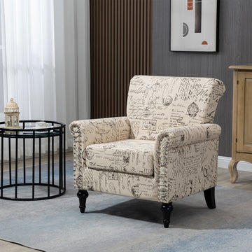 Mid Century Modern Accent Chair, Linen Armchair W Tufted Back Wood Legs, Upholstered Lounge Arm Chair Single Sofa For Living Room Bedroom, Beige Beige Foam Linen