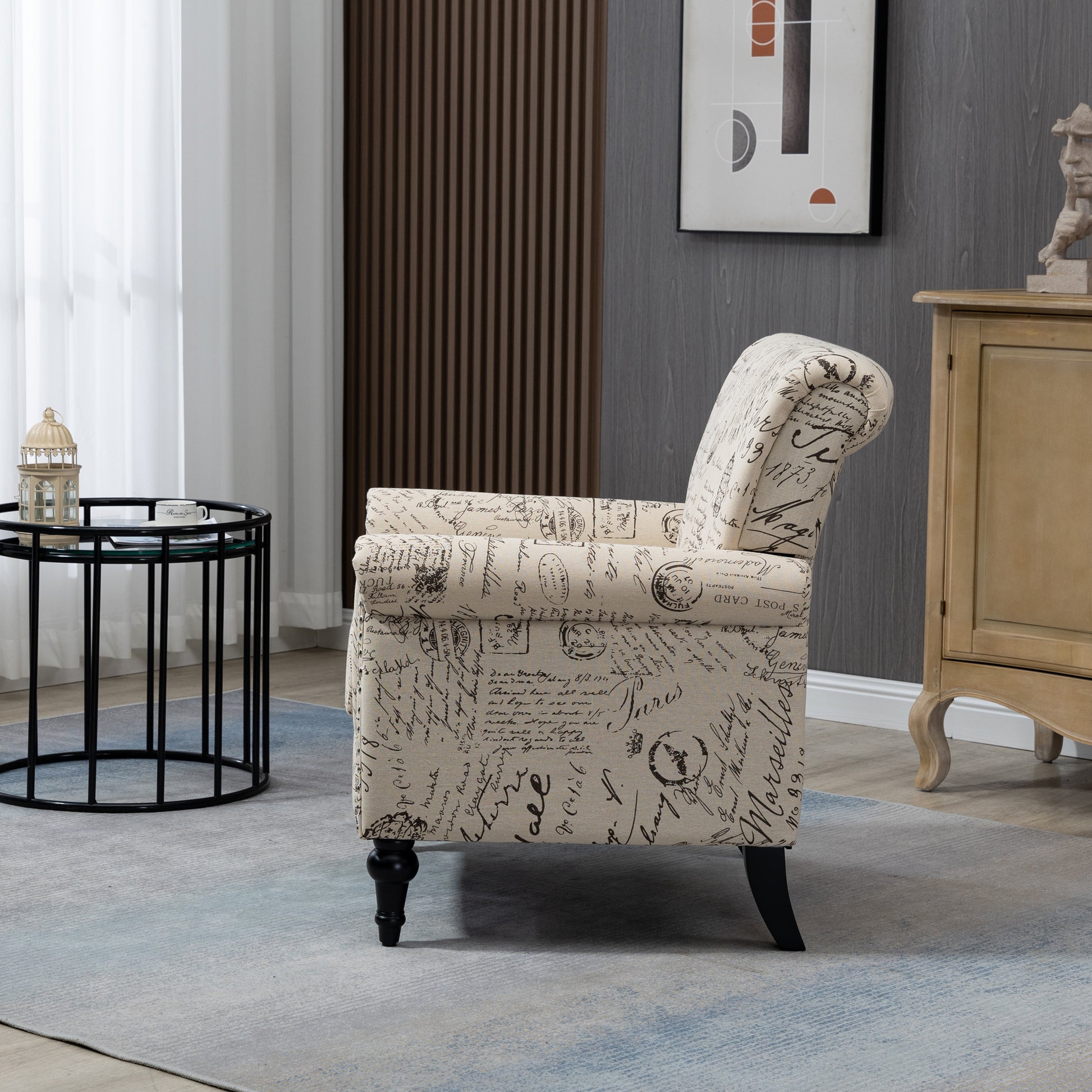 Mid Century Modern Accent Chair, Linen Armchair W Tufted Back Wood Legs, Upholstered Lounge Arm Chair Single Sofa For Living Room Bedroom, Beige Beige Foam Linen
