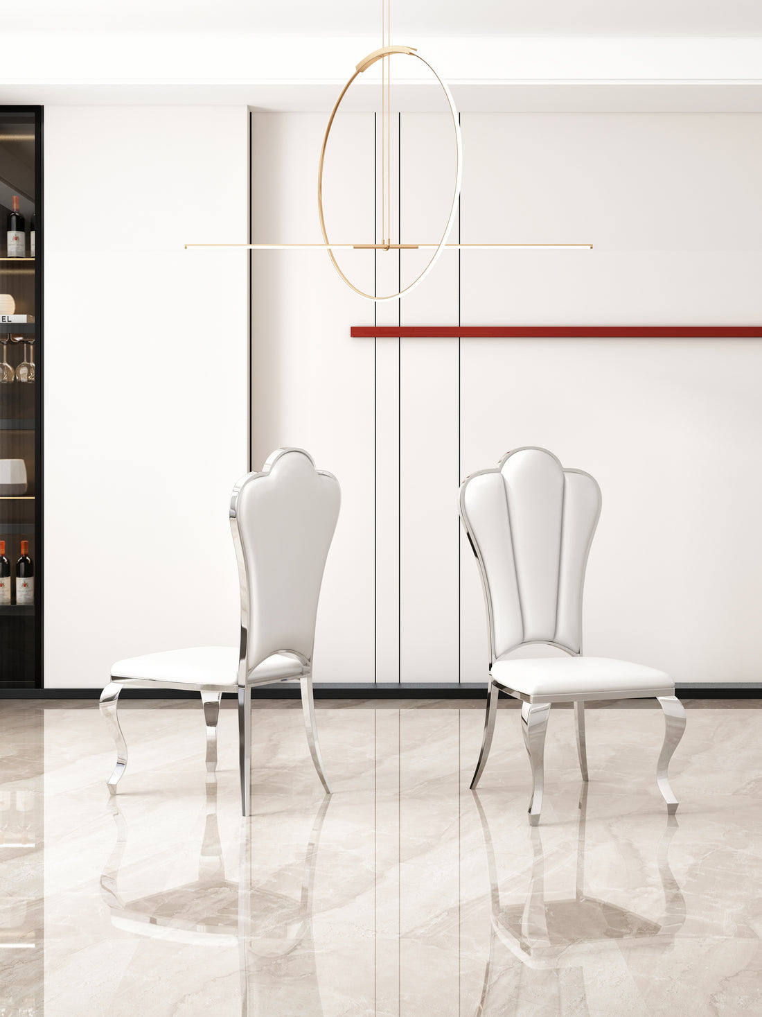 Moderndining Chairs Set Of 2, Unique Backrest Design With Stripe Armless Chair White Silver Leather