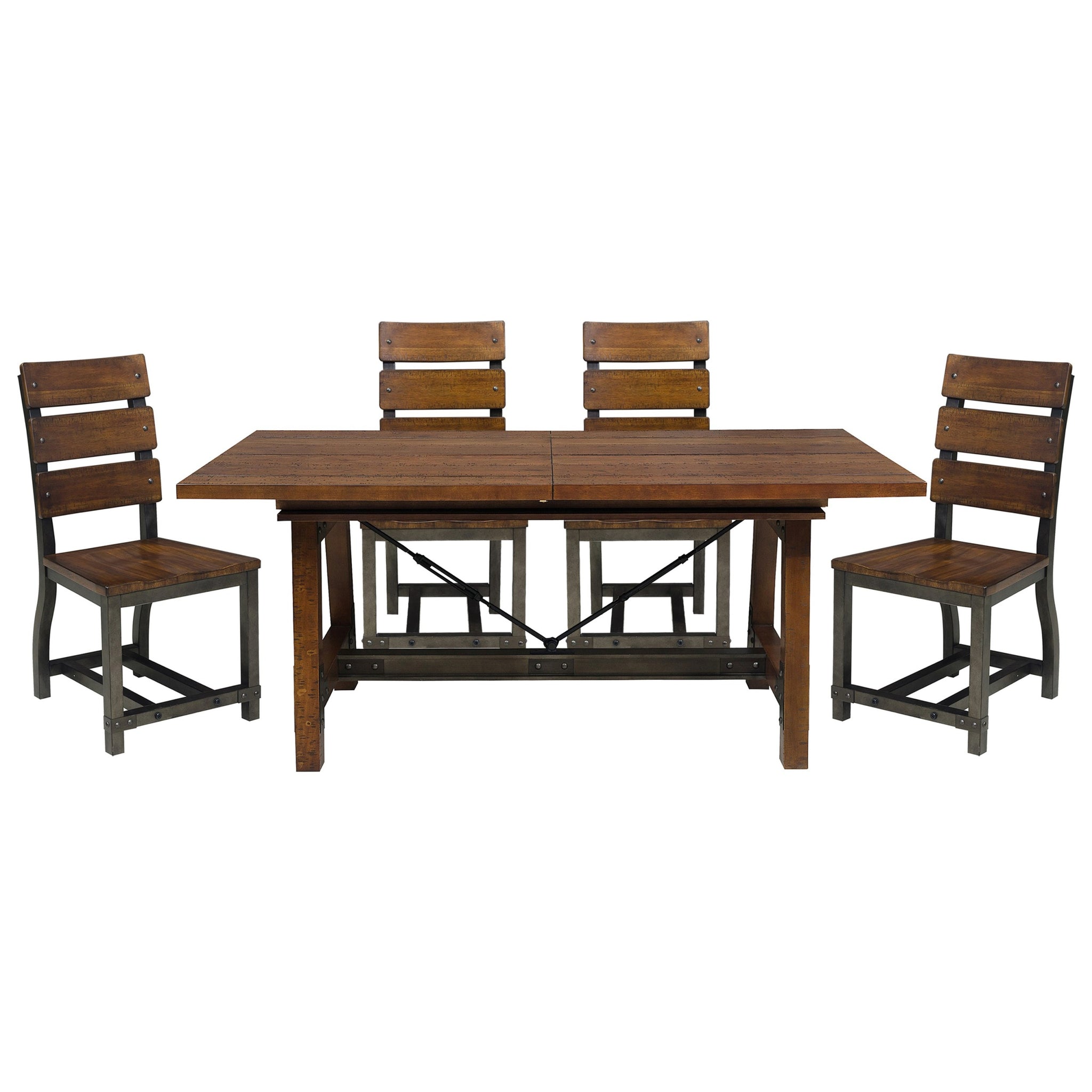 Rustic Brown Dining Set 5Pc Dining Table With Extension Leaf And 4 Side Chairs Industrial Design Gunmetal Finish Wooden Furniture Wood Rustic Brown Seats 4 Dining Room Drop Leaf Extendable Industrial Rectangular Dining Table With Chair Wood