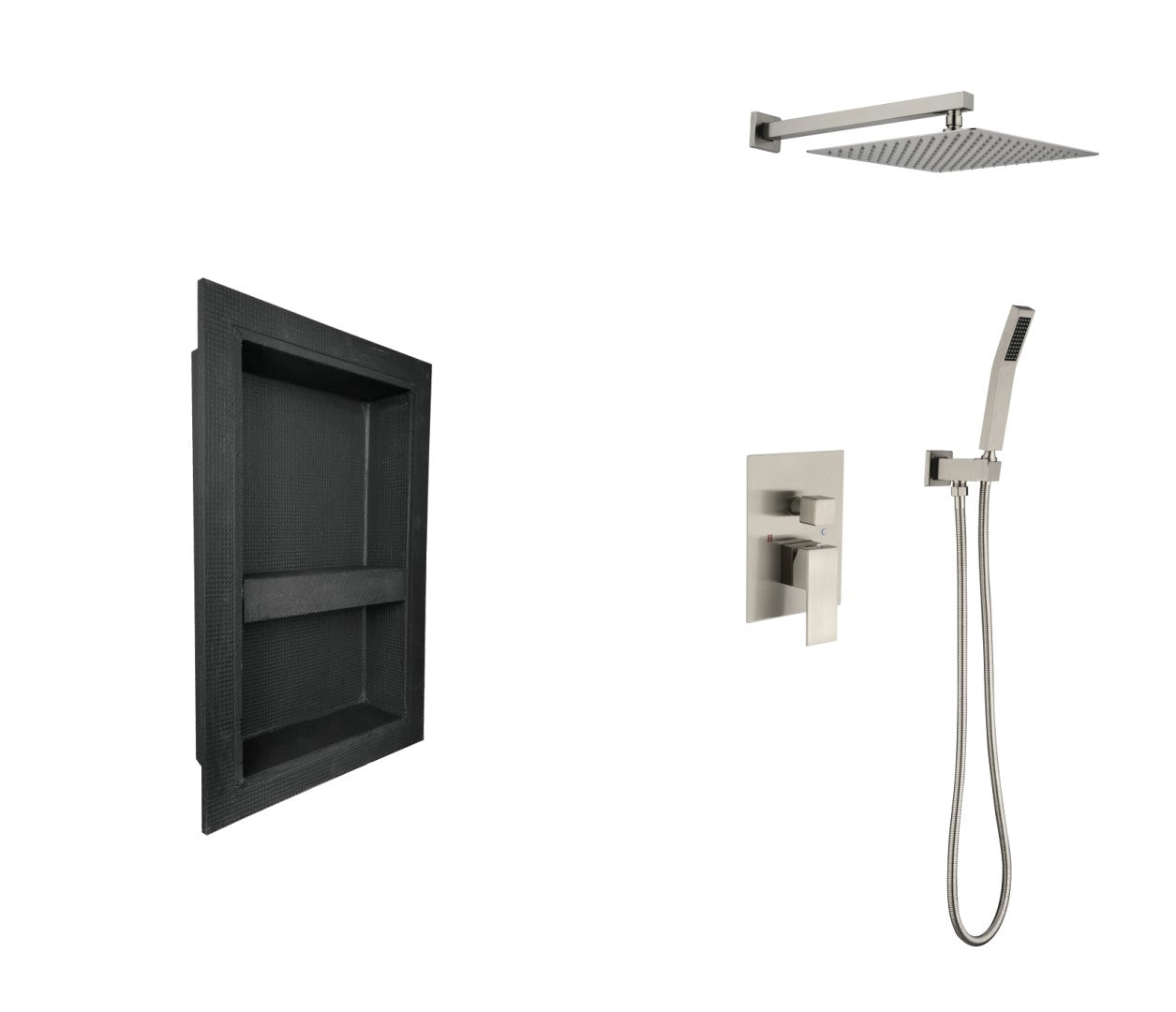 Shower System With Shower Head, Hand Shower, Hose, Valve Trim, Lever Handles And Niche Brushed Nickel Brass