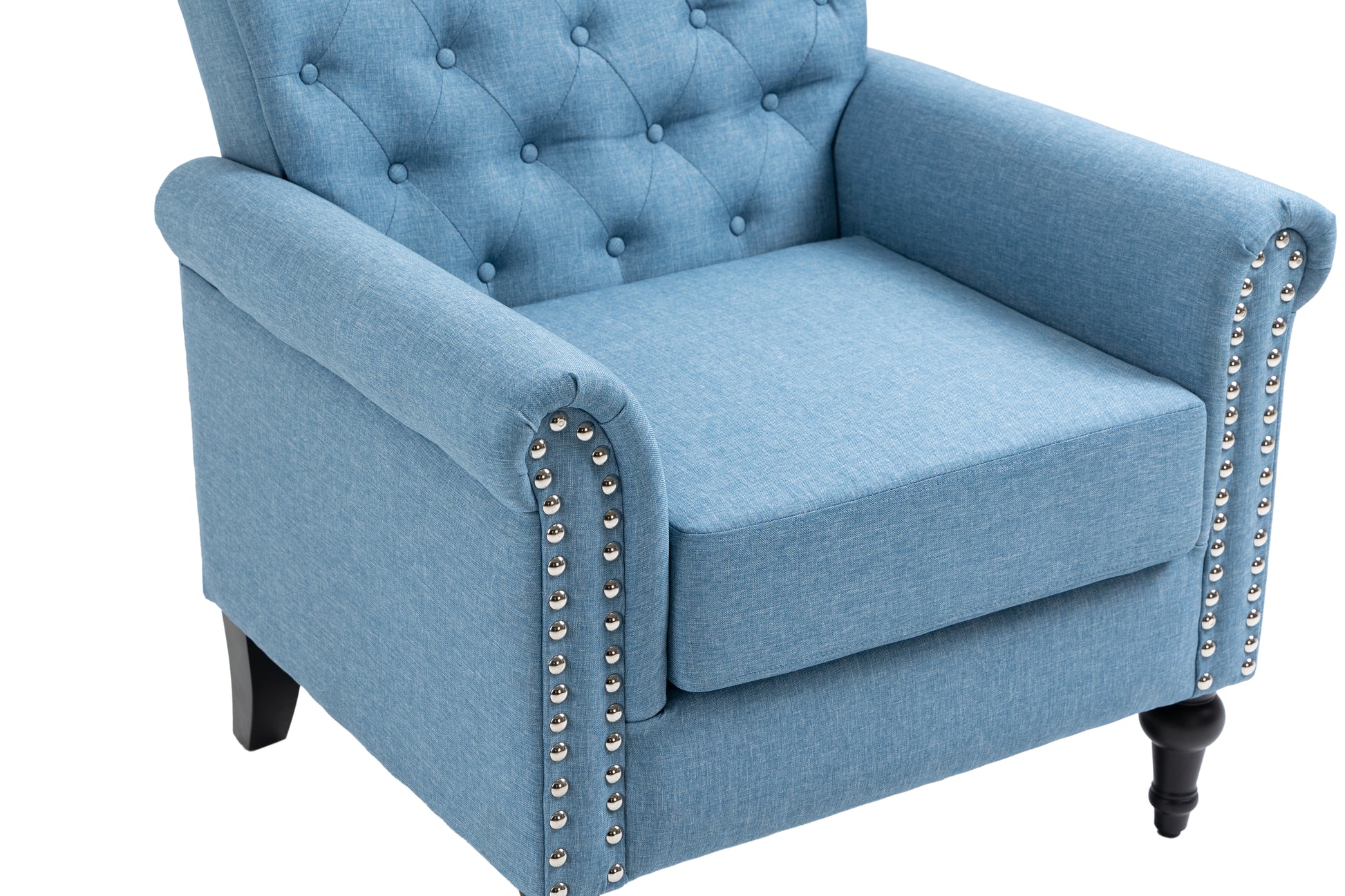 Mid Century Modern Accent Chair, Linen Armchair W Tufted Back Wood Legs, Upholstered Lounge Arm Chair Single Sofa For Living Room Bedroom,Light Blue Light Blue Foam Linen