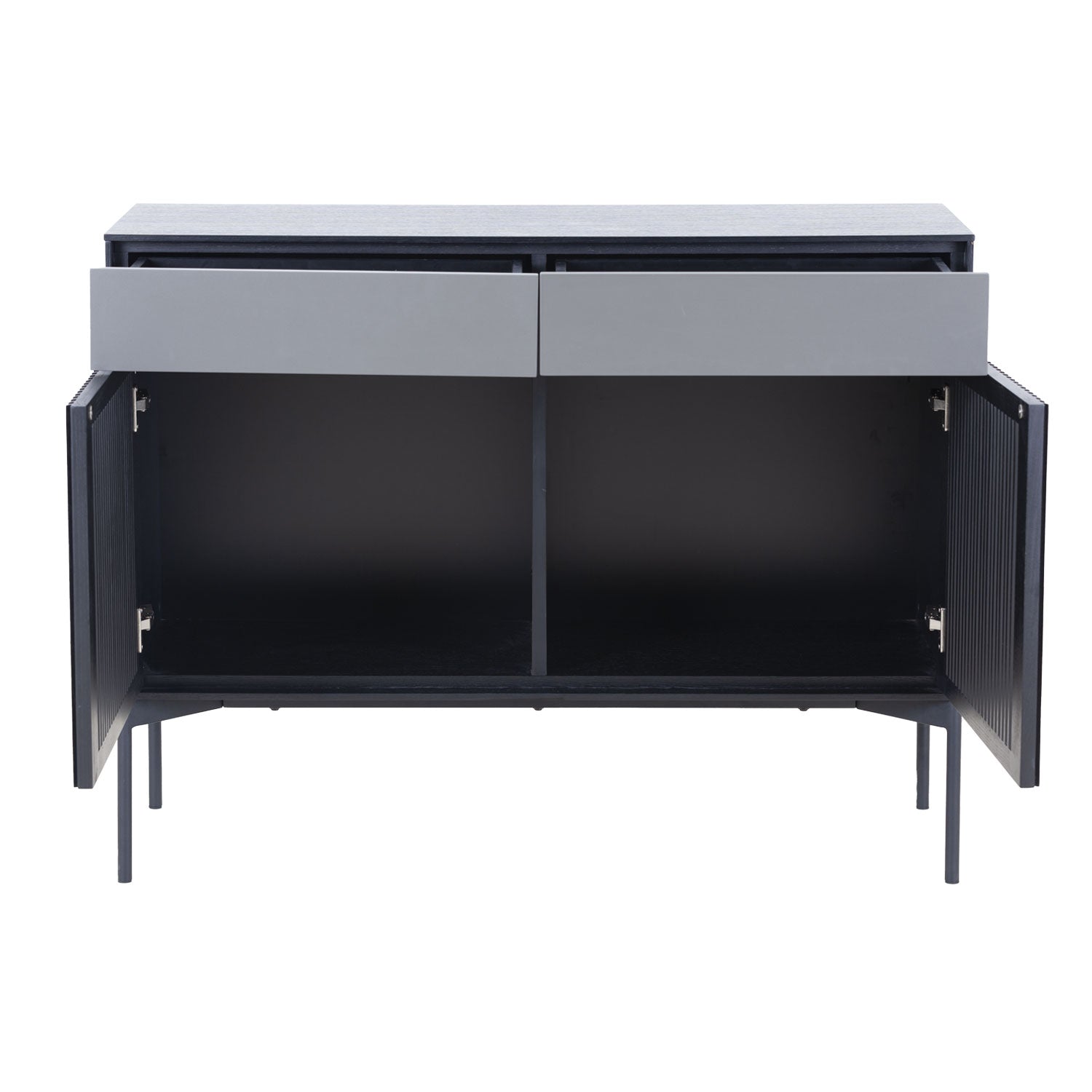 Mid Century Sideboard Cabinet Buffet Table Kitchen Storage Cabinet Coffee Bar Cabinet With 2 Drawers And Doors For Home Kitchen, Dining Room, Livingroom Black Wood Stainless Steel