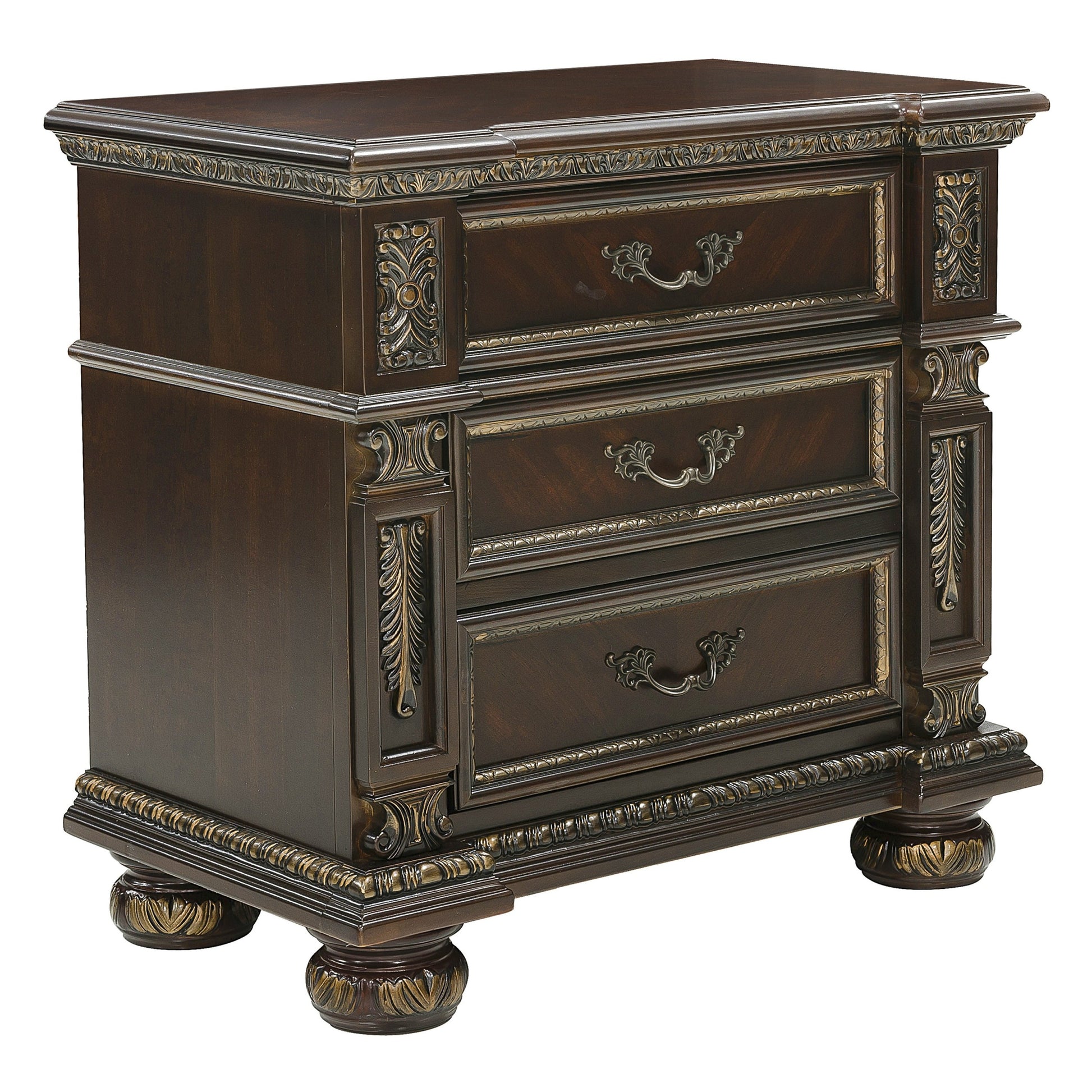 Traditional Design Dark Cherry Finish With Gold Tipping 1Pc Nightstand Of 3X Drawers Formal Style Bedroom Furniture Brown Mix 3 Drawers Bedroom European,Traditional Wood