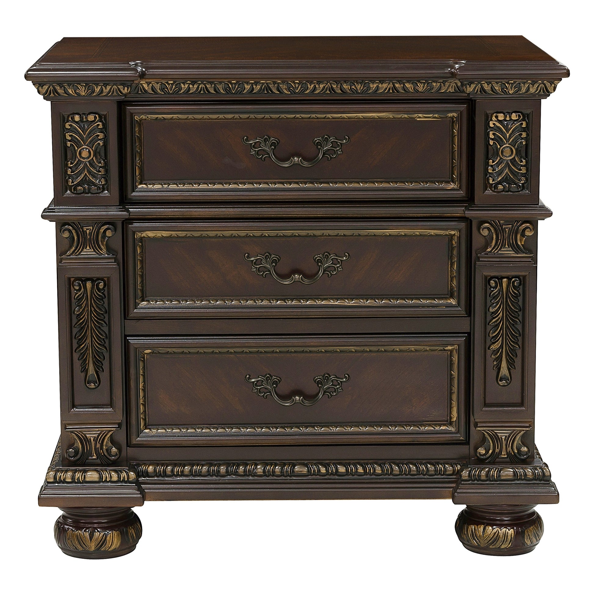 Traditional Design Dark Cherry Finish With Gold Tipping 1Pc Nightstand Of 3X Drawers Formal Style Bedroom Furniture Brown Mix 3 Drawers Bedroom European,Traditional Wood