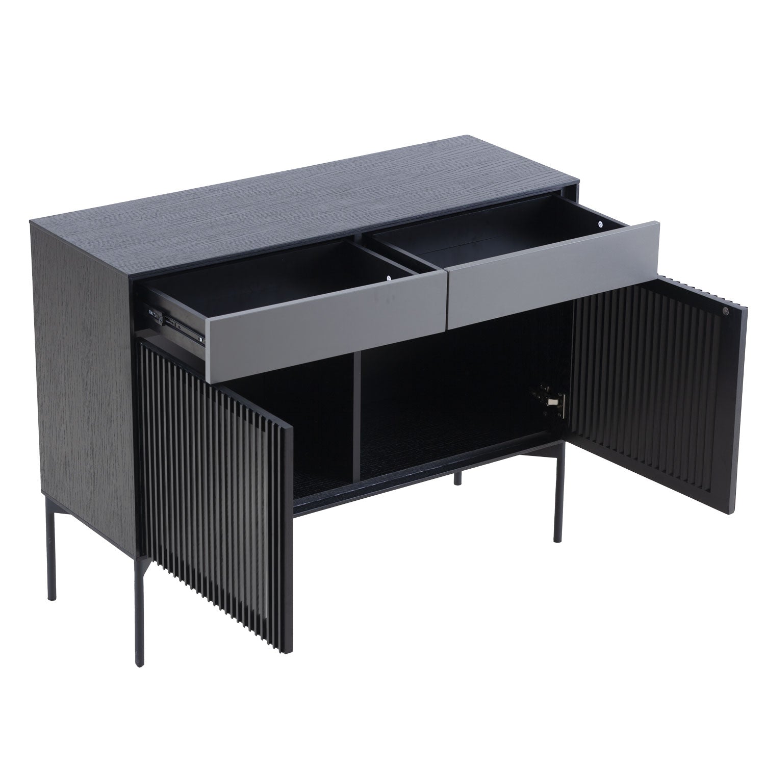 Mid Century Sideboard Cabinet Buffet Table Kitchen Storage Cabinet Coffee Bar Cabinet With 2 Drawers And Doors For Home Kitchen, Dining Room, Livingroom Black Wood Stainless Steel