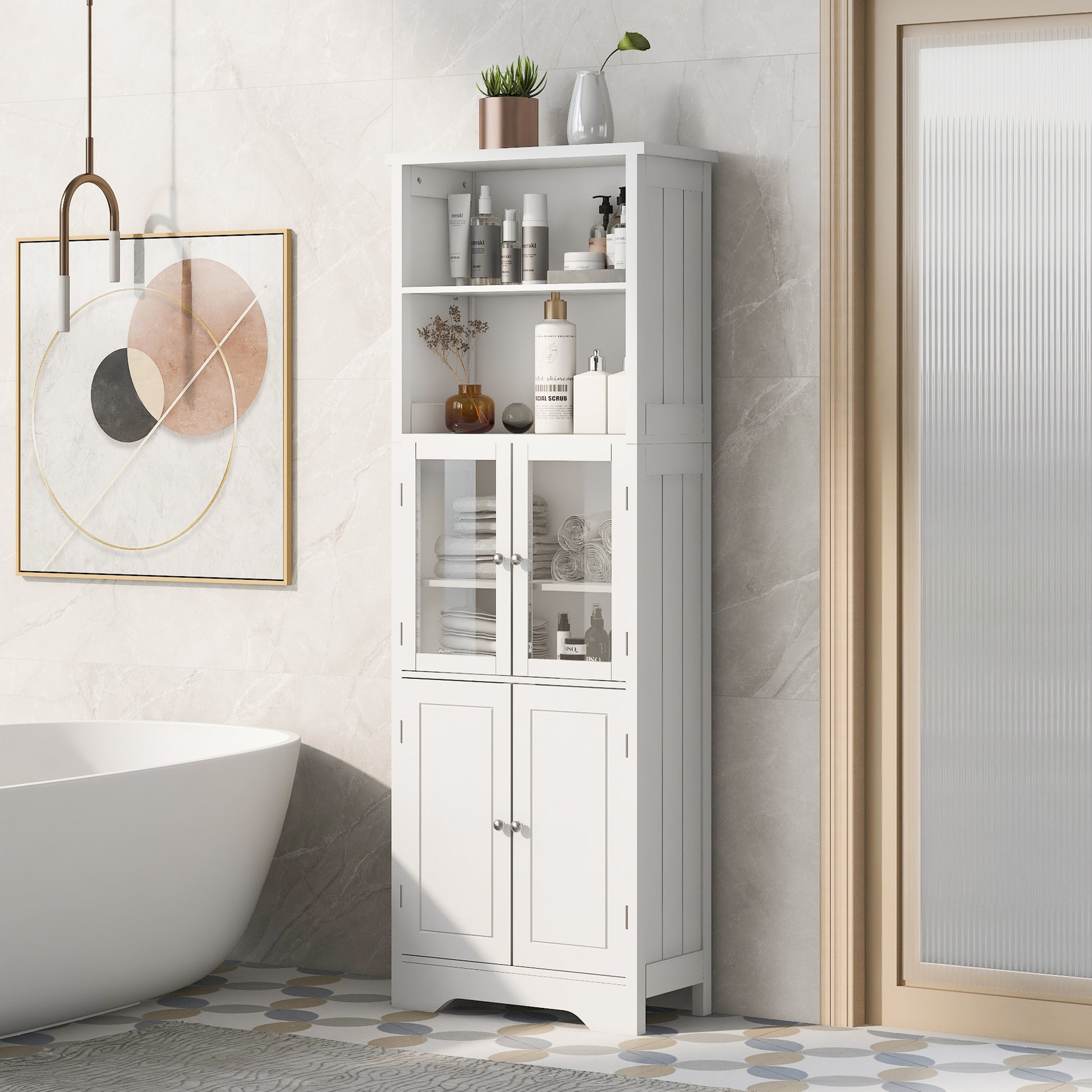 White Tall Storage Cabinet With Shelves And Doors For Bathroom, Kitchen And Living Room, Mdf Board White Mdf