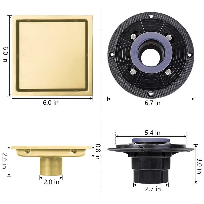 6 Inch Square Shower Floor Drain Brushed Gold Stainless Steel