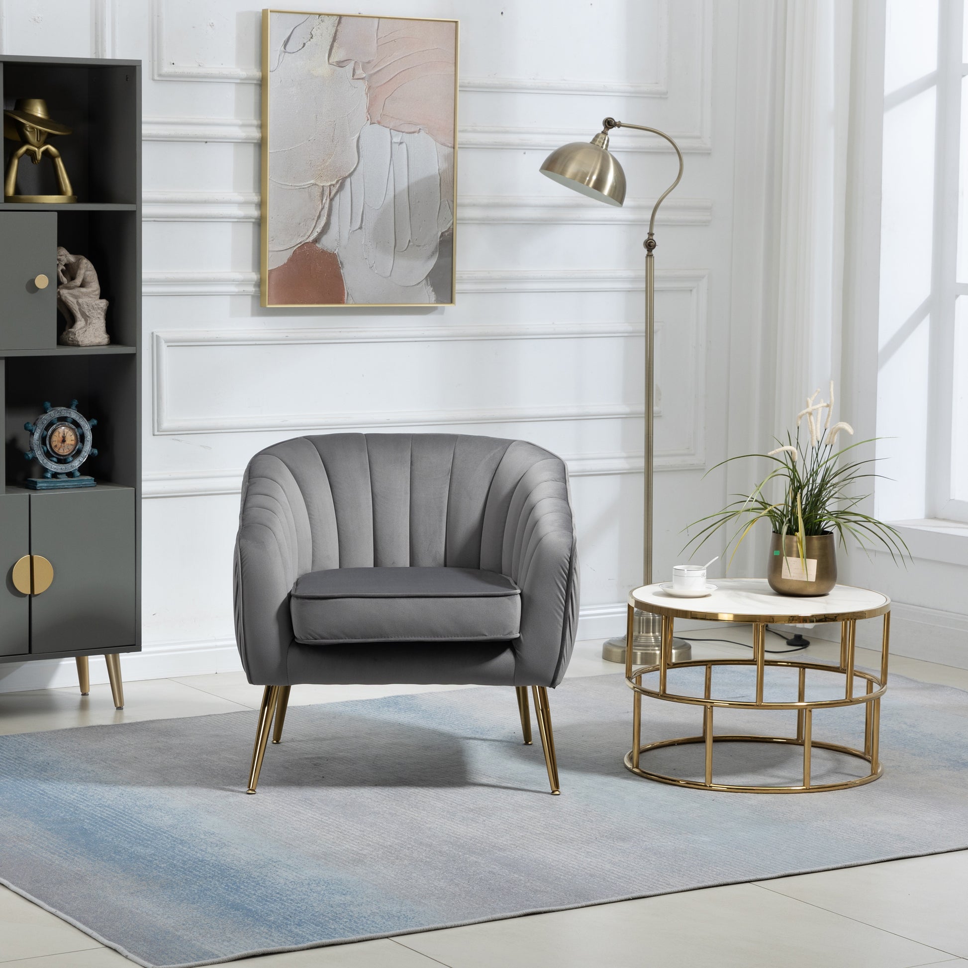 Velvet Accent Chair With Ottoman, Modern Tufted Barrel Chair Ottoman Set For Living Room Bedroom, Golden Finished, Grey Grey Foam Velvet