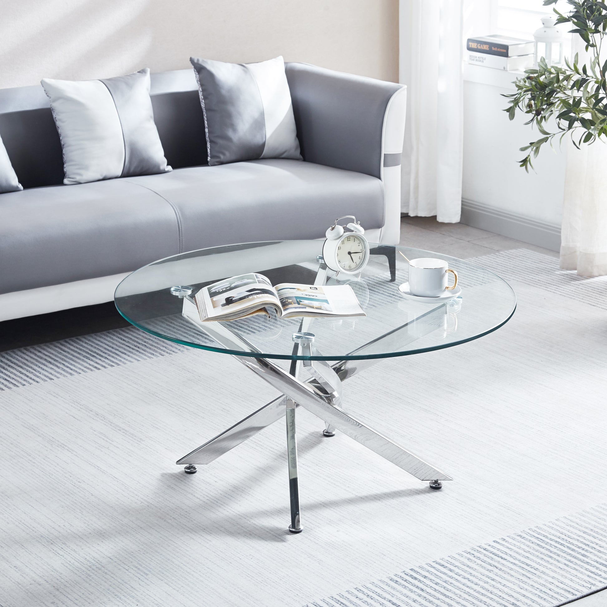 Modern Round Tempered Glass Coffee Table With Stainless Steel Legs Silver Glass