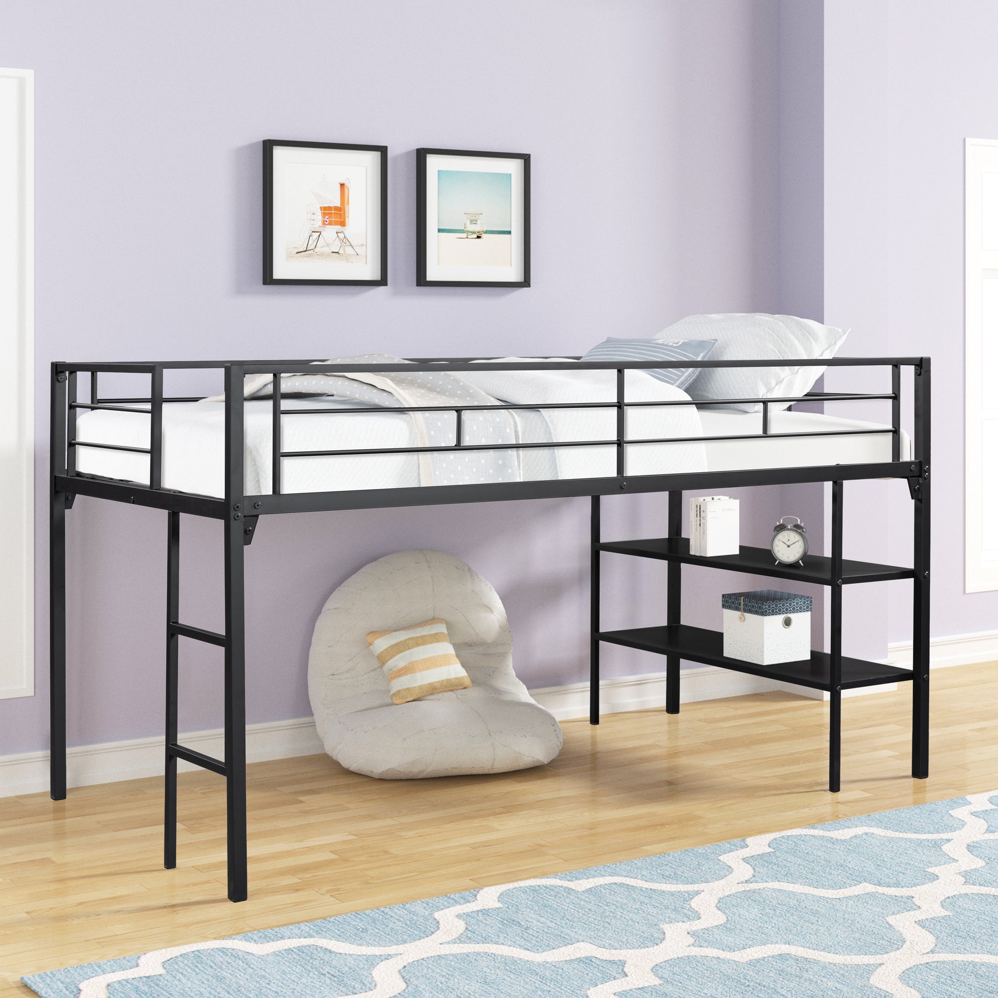 Low Loft Bed With Storage Shelves Twin Black Steel