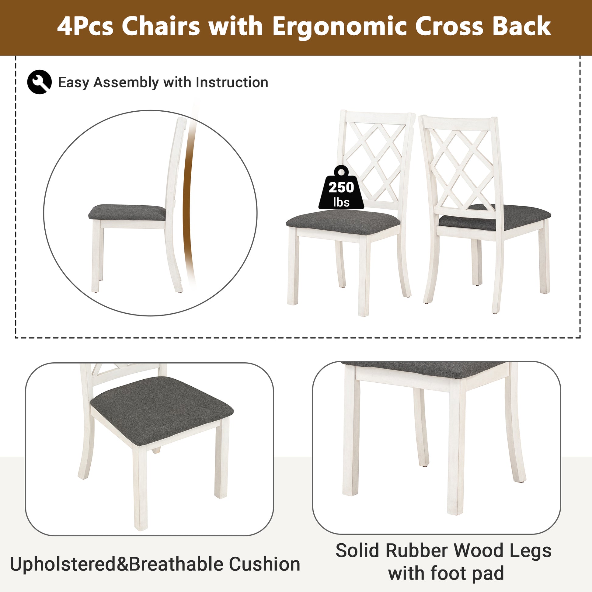 Mid Century Solid Wood 5 Piece Round Dining Table Set, Kitchen Table Set With Upholstered Chairs For Small Places, Brown Table Gray Chair Brown Wood Dining Room Solid Wood Rubberwood Round Dining Table With Chair Upholstered Chair Wood Brown Slat Back