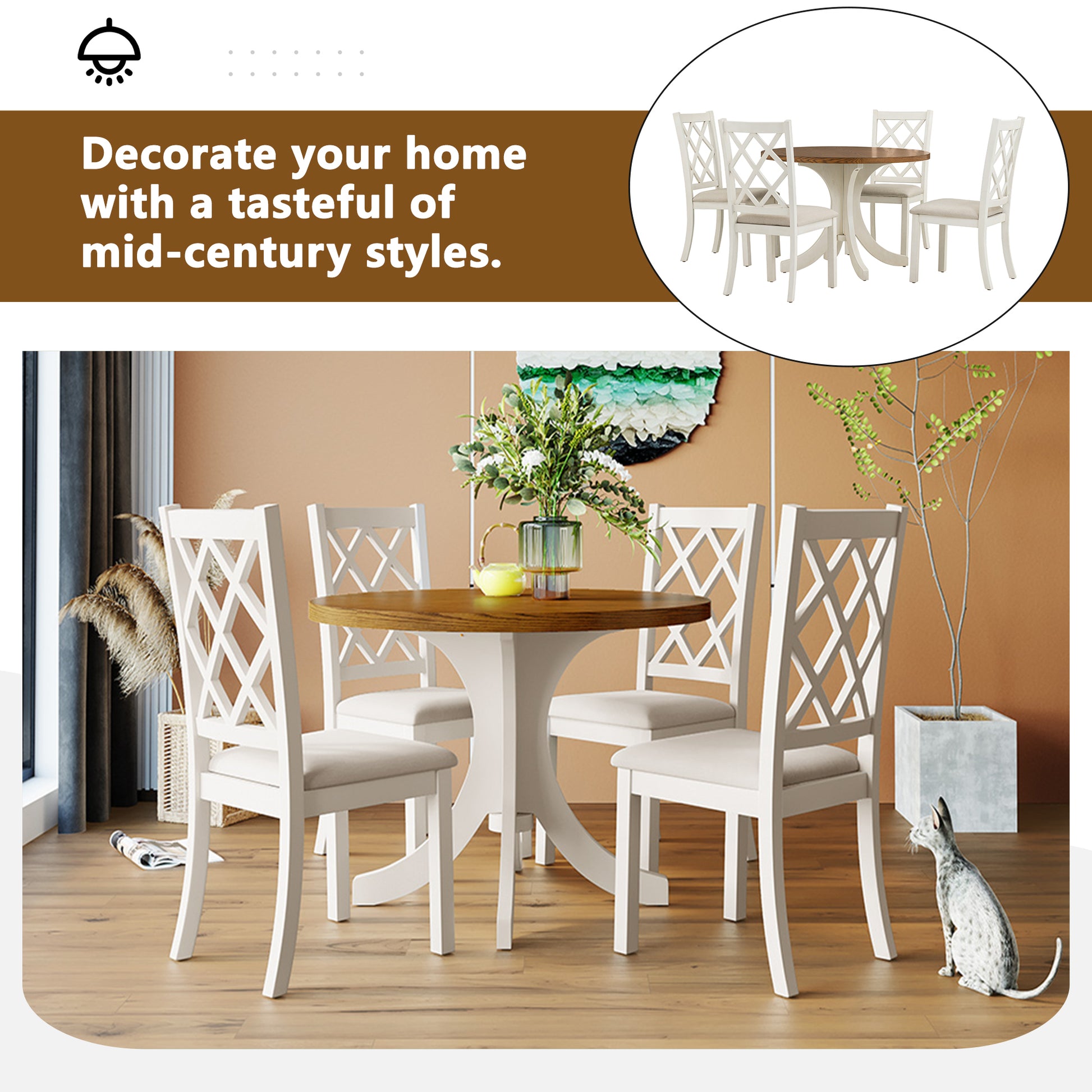 Mid Century Solid Wood 5 Piece Round Dining Table Set, Kitchen Table Set With Upholstered Chairs For Small Places, Walnut Table Beige Chair Wood Dining Room Solid Wood Rubberwood Round Dining Table With Chair Upholstered Chair Wood Walnut Slat Back Seats
