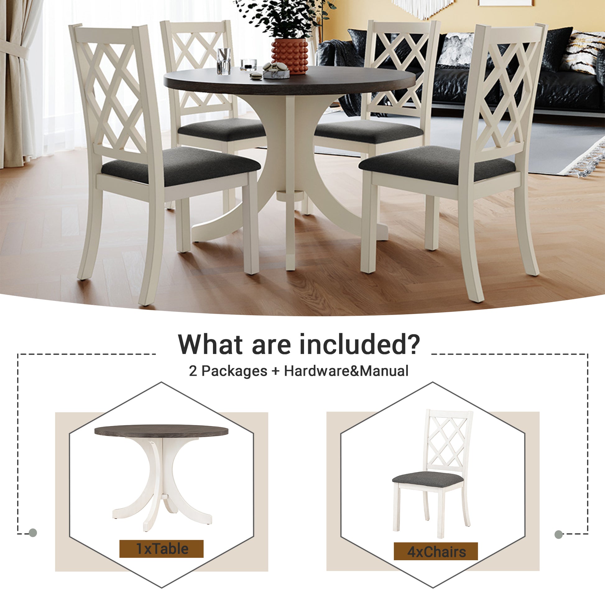 Mid Century Solid Wood 5 Piece Round Dining Table Set, Kitchen Table Set With Upholstered Chairs For Small Places, Brown Table Gray Chair Brown Wood Dining Room Solid Wood Rubberwood Round Dining Table With Chair Upholstered Chair Wood Brown Slat Back