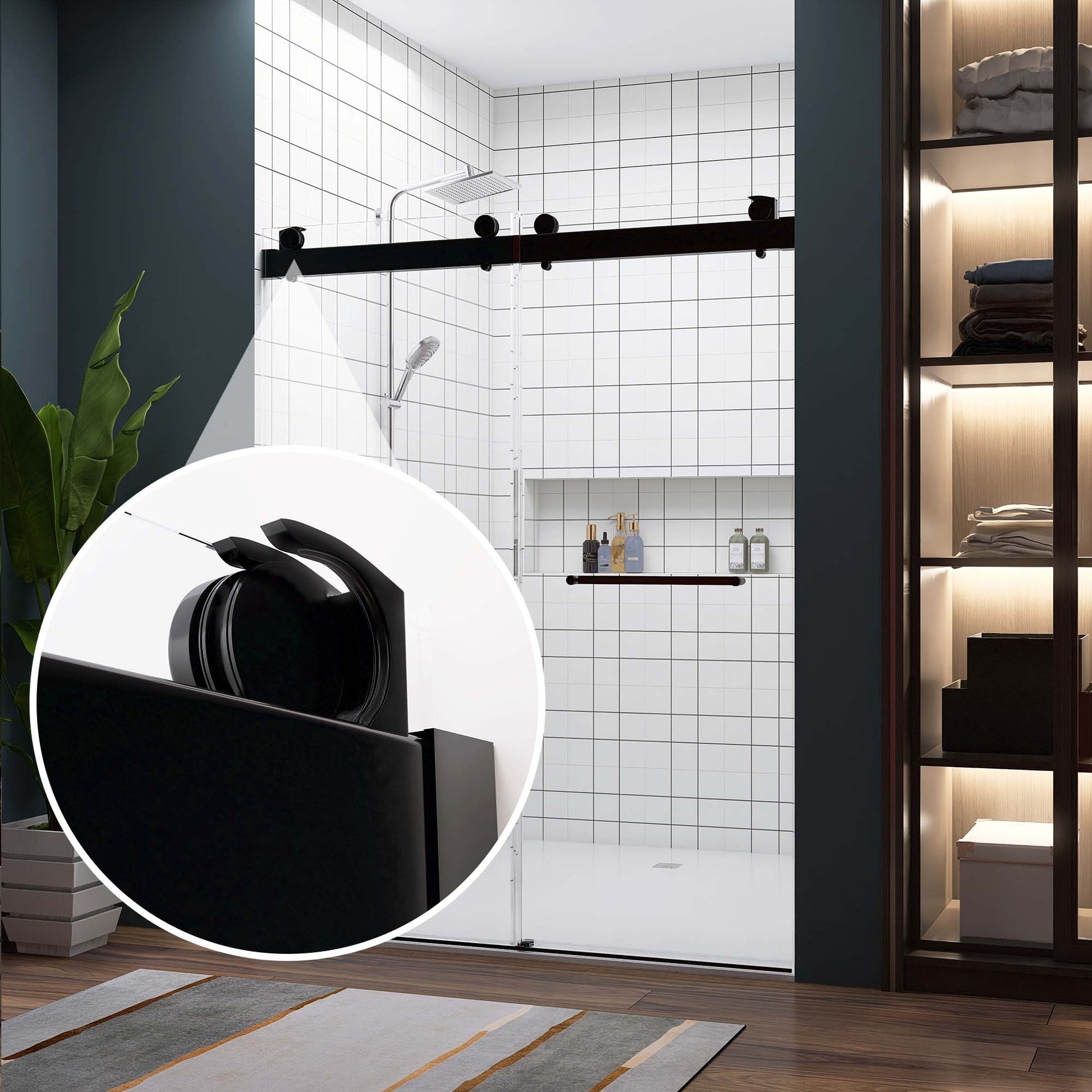 Frameless Double Sliding Shower, 57" 60" Width, 79" Height, 3 8" 10 Mm Clear Tempered Glass,Designed For Smooth Door Closing With Upgraded Crashproof System Technology Matte Black Finish Matte Black Glass