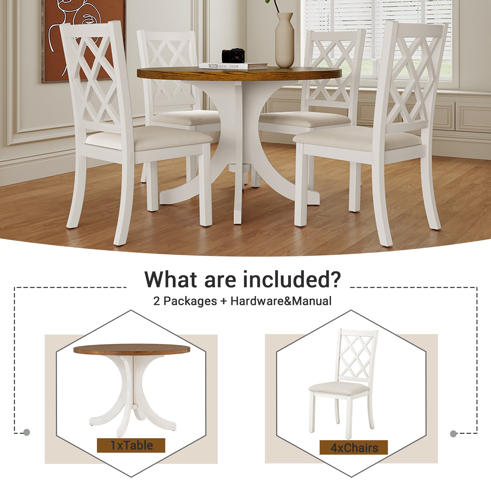 Mid Century Solid Wood 5 Piece Round Dining Table Set, Kitchen Table Set With Upholstered Chairs For Small Places, Walnut Table Beige Chair Wood Dining Room Solid Wood Rubberwood Round Dining Table With Chair Upholstered Chair Wood Walnut Slat Back Seats
