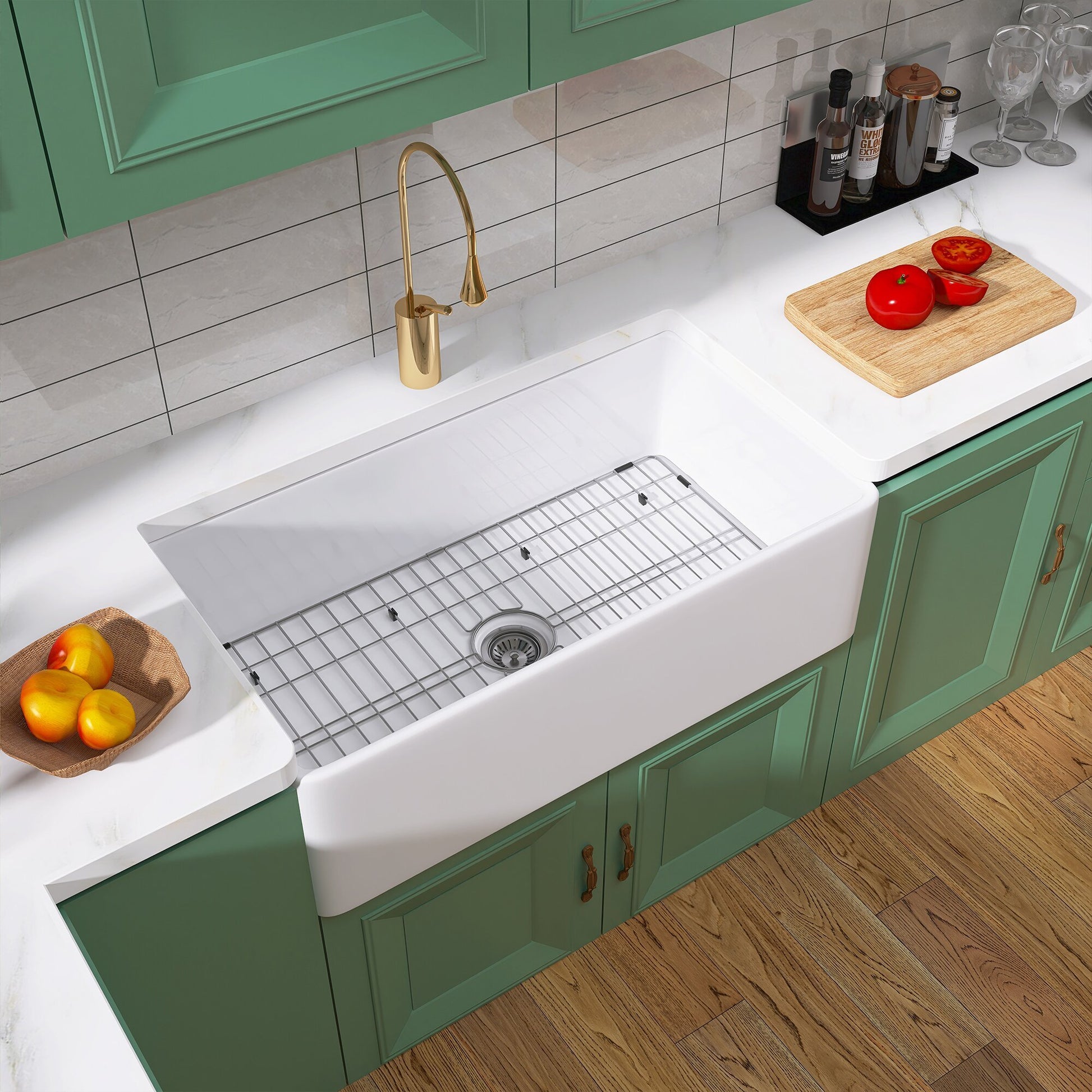 33 Inch Fireclay Farmhouse Kitchen Sink White Single Bowl Apron Front Kitchen Sink, Bottom Grid And Kitchen Sink Drain Included Natural Kitchen Modern Fireclay