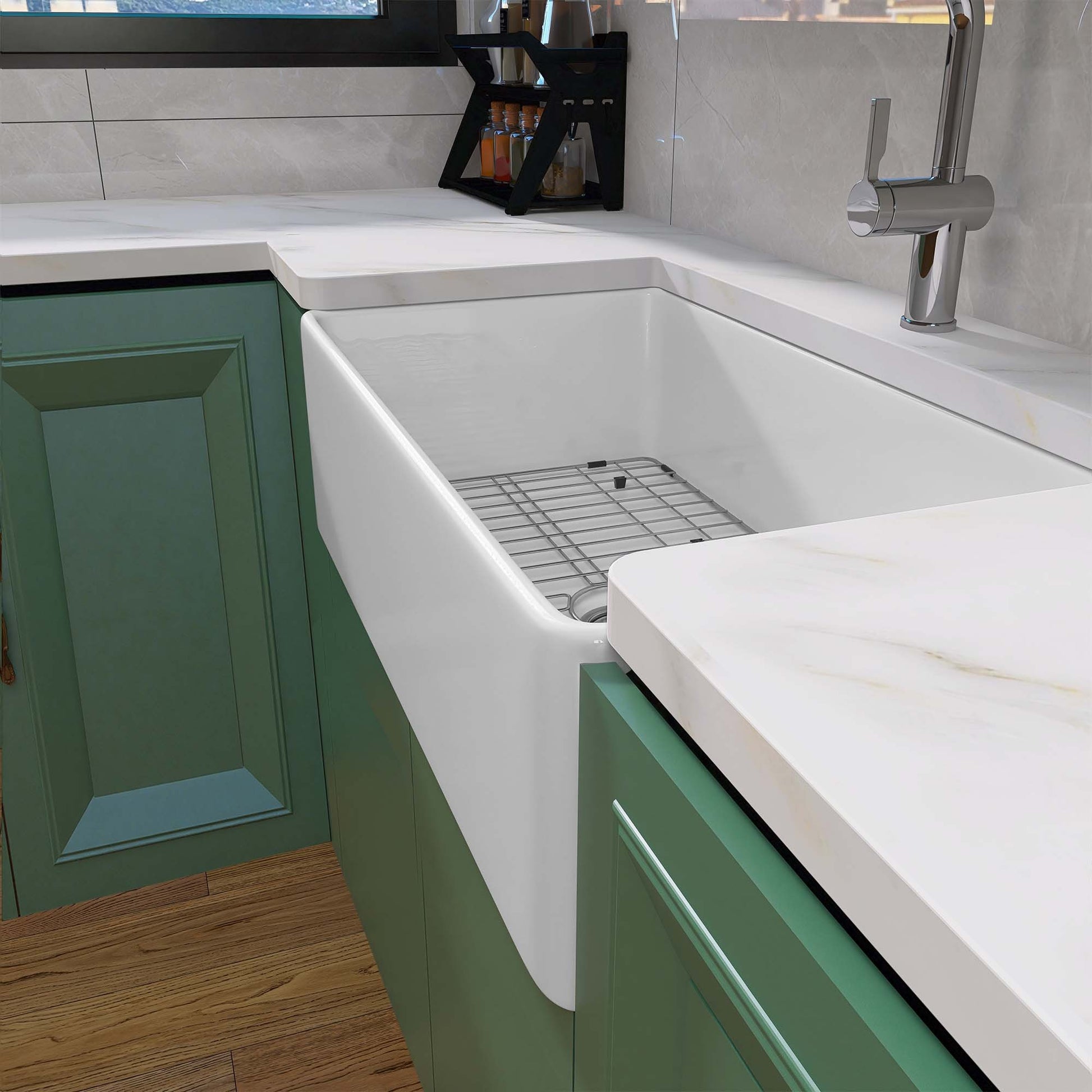 33 Inch Fireclay Farmhouse Kitchen Sink White Single Bowl Apron Front Kitchen Sink, Bottom Grid And Kitchen Sink Drain Included Natural Kitchen Modern Fireclay