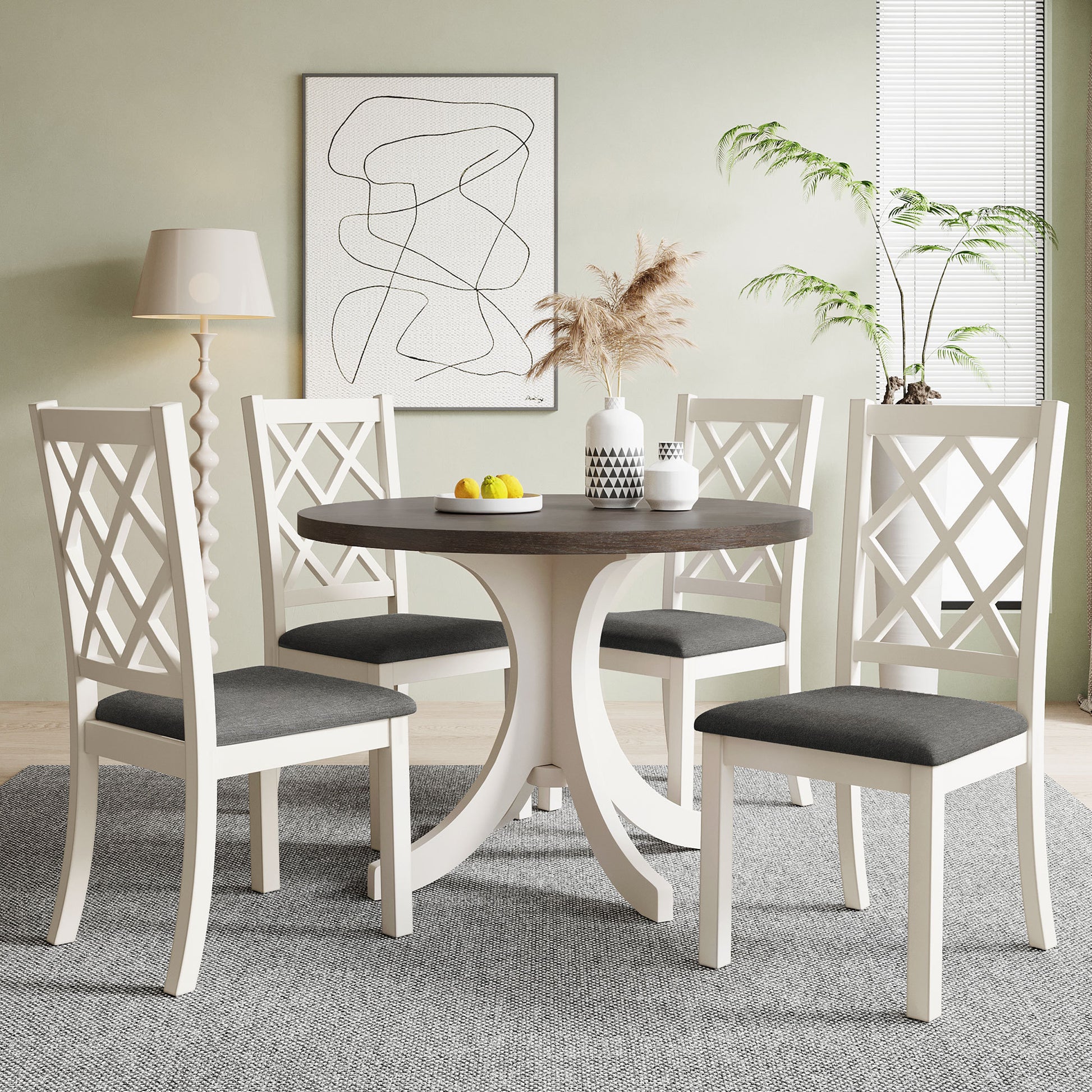 Mid Century Solid Wood 5 Piece Round Dining Table Set, Kitchen Table Set With Upholstered Chairs For Small Places, Brown Table Gray Chair Brown Wood Dining Room Solid Wood Rubberwood Round Dining Table With Chair Upholstered Chair Wood Brown Slat Back