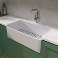 33 Inch Fireclay Farmhouse Kitchen Sink White Single Bowl Apron Front Kitchen Sink, Bottom Grid And Kitchen Sink Drain Included Natural Kitchen Modern Fireclay