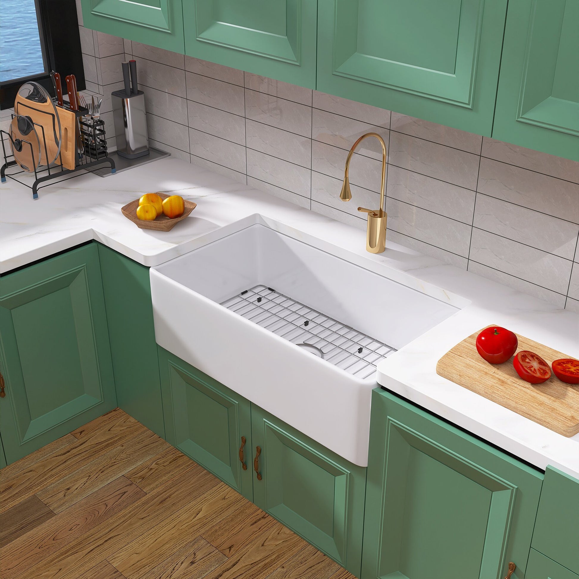 33 Inch Fireclay Farmhouse Kitchen Sink White Single Bowl Apron Front Kitchen Sink, Bottom Grid And Kitchen Sink Drain Included Natural Kitchen Modern Fireclay