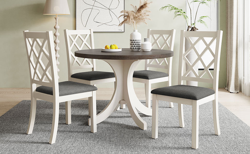 Mid Century Solid Wood 5 Piece Round Dining Table Set, Kitchen Table Set With Upholstered Chairs For Small Places, Brown Table Gray Chair Brown Wood Dining Room Solid Wood Rubberwood Round Dining Table With Chair Upholstered Chair Wood Brown Slat Back