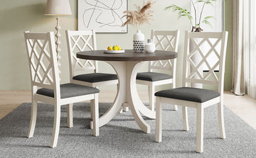 Mid Century Solid Wood 5 Piece Round Dining Table Set, Kitchen Table Set With Upholstered Chairs For Small Places, Brown Table Gray Chair Brown Wood Dining Room Solid Wood Rubberwood Round Dining Table With Chair Upholstered Chair Wood Brown Slat Back