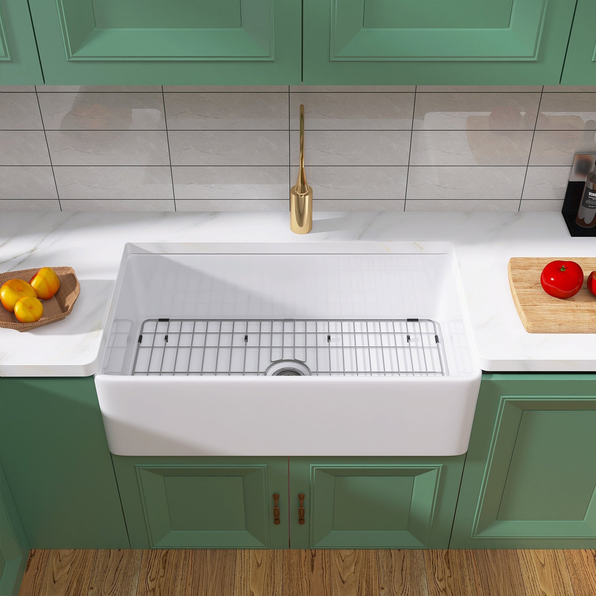 33 Inch Fireclay Farmhouse Kitchen Sink White Single Bowl Apron Front Kitchen Sink, Bottom Grid And Kitchen Sink Drain Included Natural Kitchen Modern Fireclay