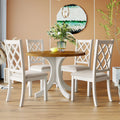 Mid Century Solid Wood 5 Piece Round Dining Table Set, Kitchen Table Set With Upholstered Chairs For Small Places, Walnut Table Beige Chair Wood Dining Room Solid Wood Rubberwood Round Dining Table With Chair Upholstered Chair Wood Walnut Slat Back Seats