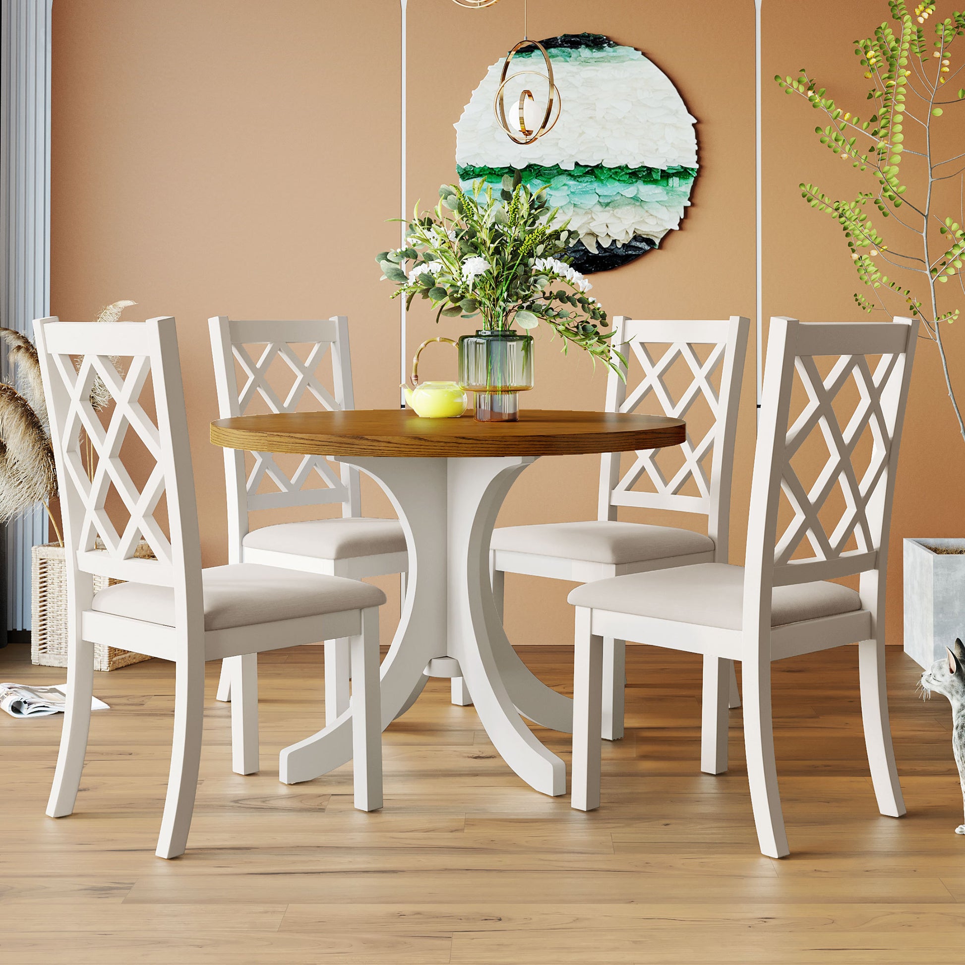 Mid Century Solid Wood 5 Piece Round Dining Table Set, Kitchen Table Set With Upholstered Chairs For Small Places, Walnut Table Beige Chair Wood Dining Room Solid Wood Rubberwood Round Dining Table With Chair Upholstered Chair Wood Walnut Slat Back Seats