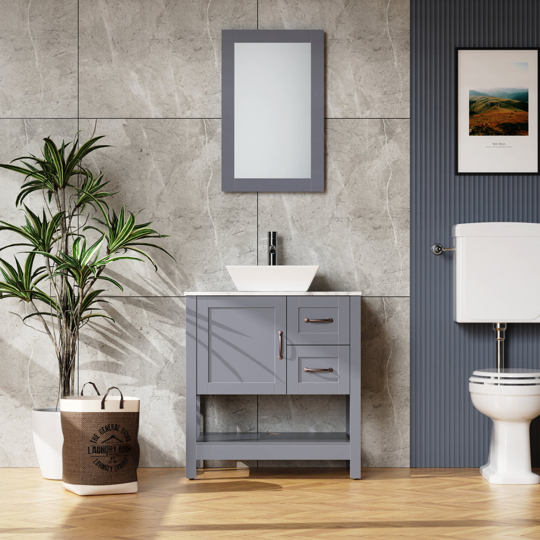 30" Gray Bathroom Vanity And Sink Combo Marble Pattern Top W Mirror Faucet&Drain Gray Mdf