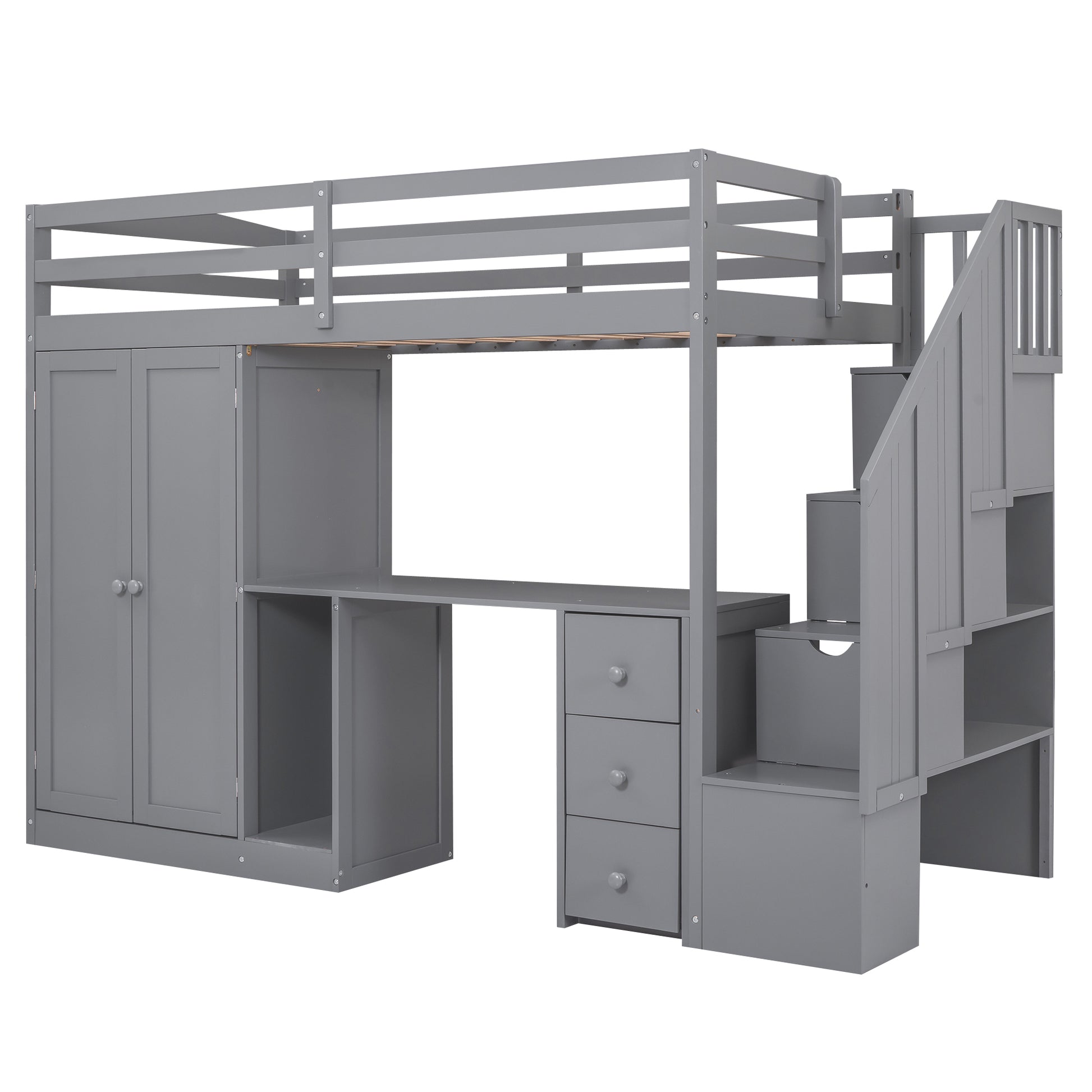 Twin Size Loft Bed With Wardrobe And Staircase, Desk And Storage Drawers And Cabinet In 1,Gray Gray Pine