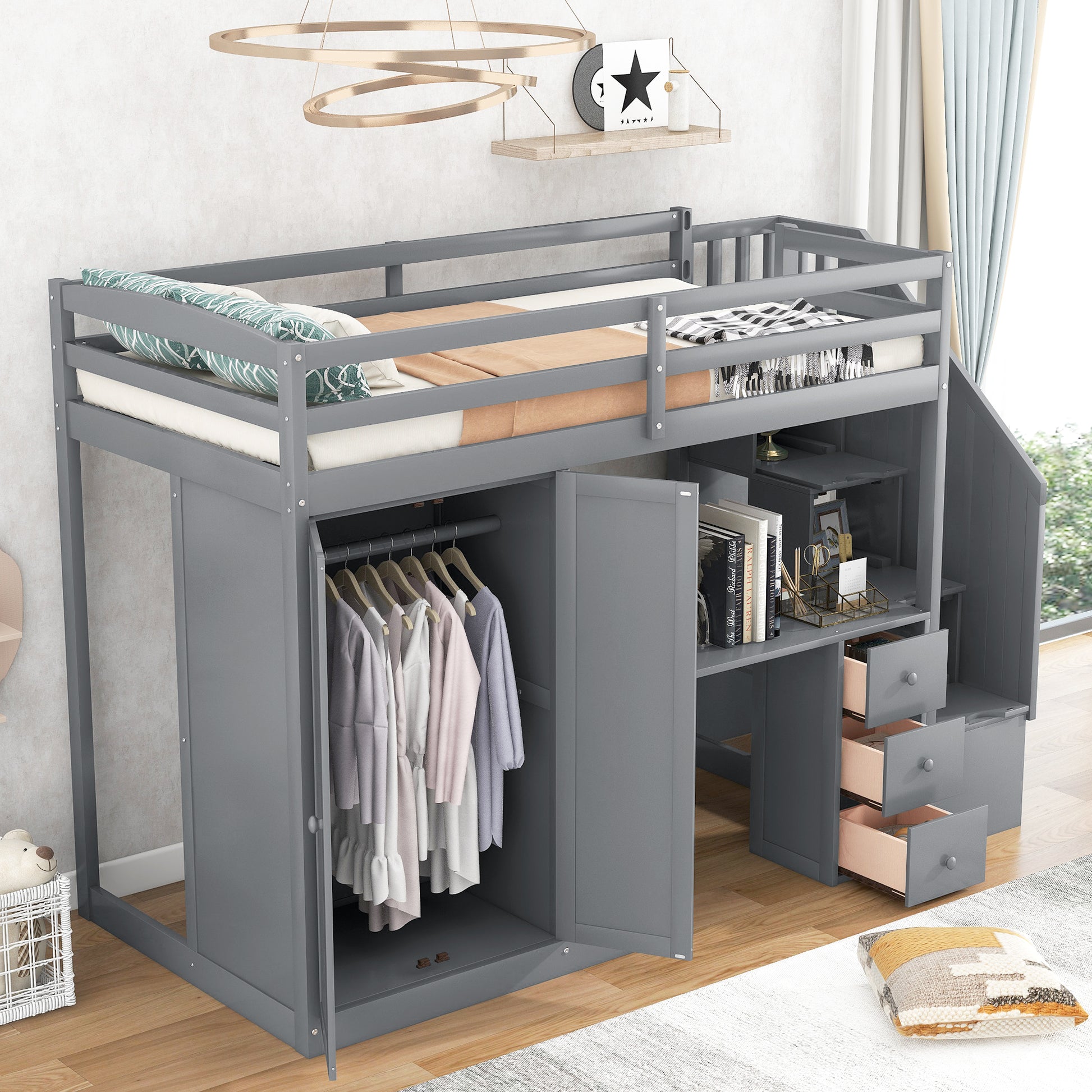 Twin Size Loft Bed With Wardrobe And Staircase, Desk And Storage Drawers And Cabinet In 1,Gray Gray Pine