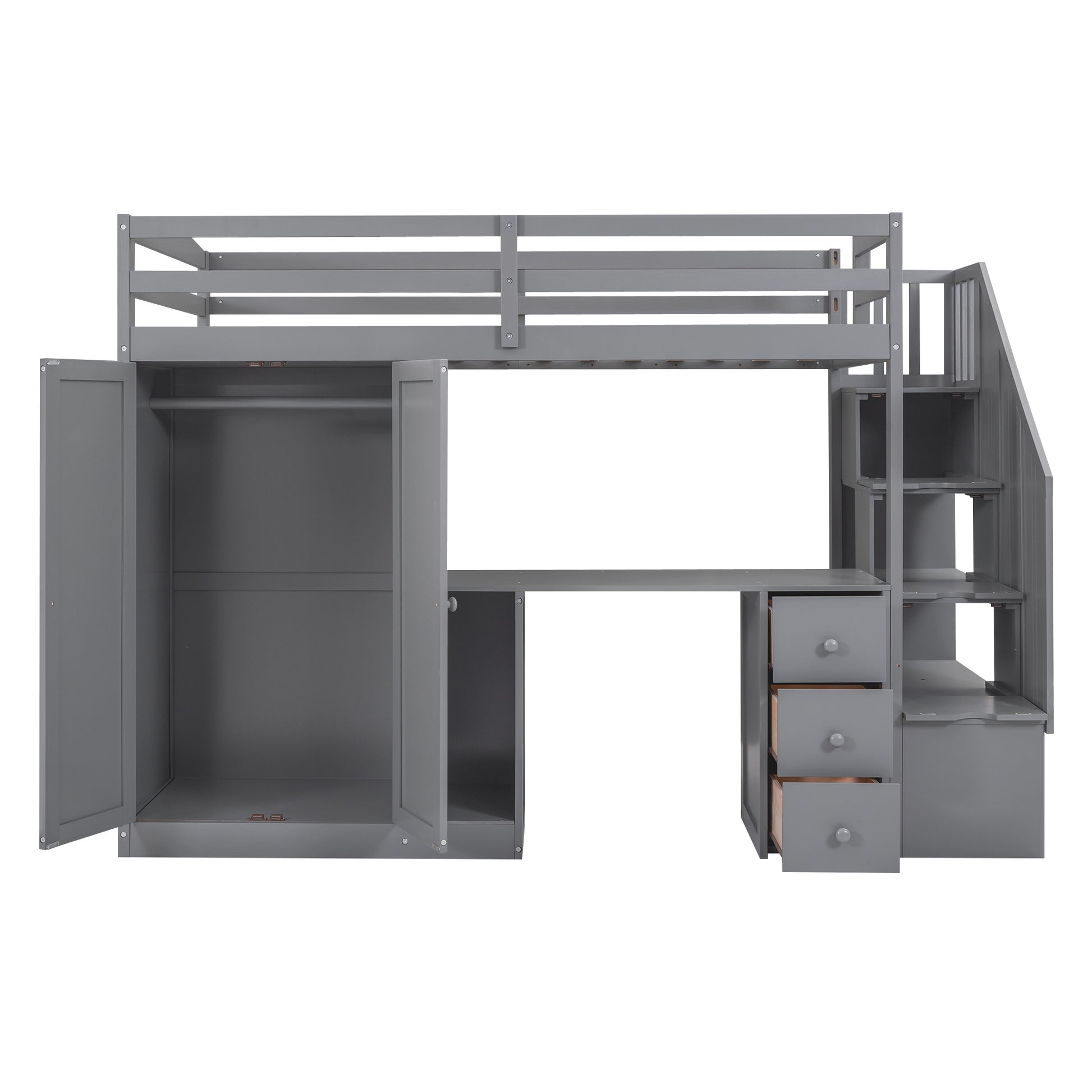 Twin Size Loft Bed With Wardrobe And Staircase, Desk And Storage Drawers And Cabinet In 1,Gray Gray Pine