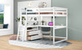 Full Size Loft Bed With Desk And Shelves,Two Built In Drawers,White White Pine