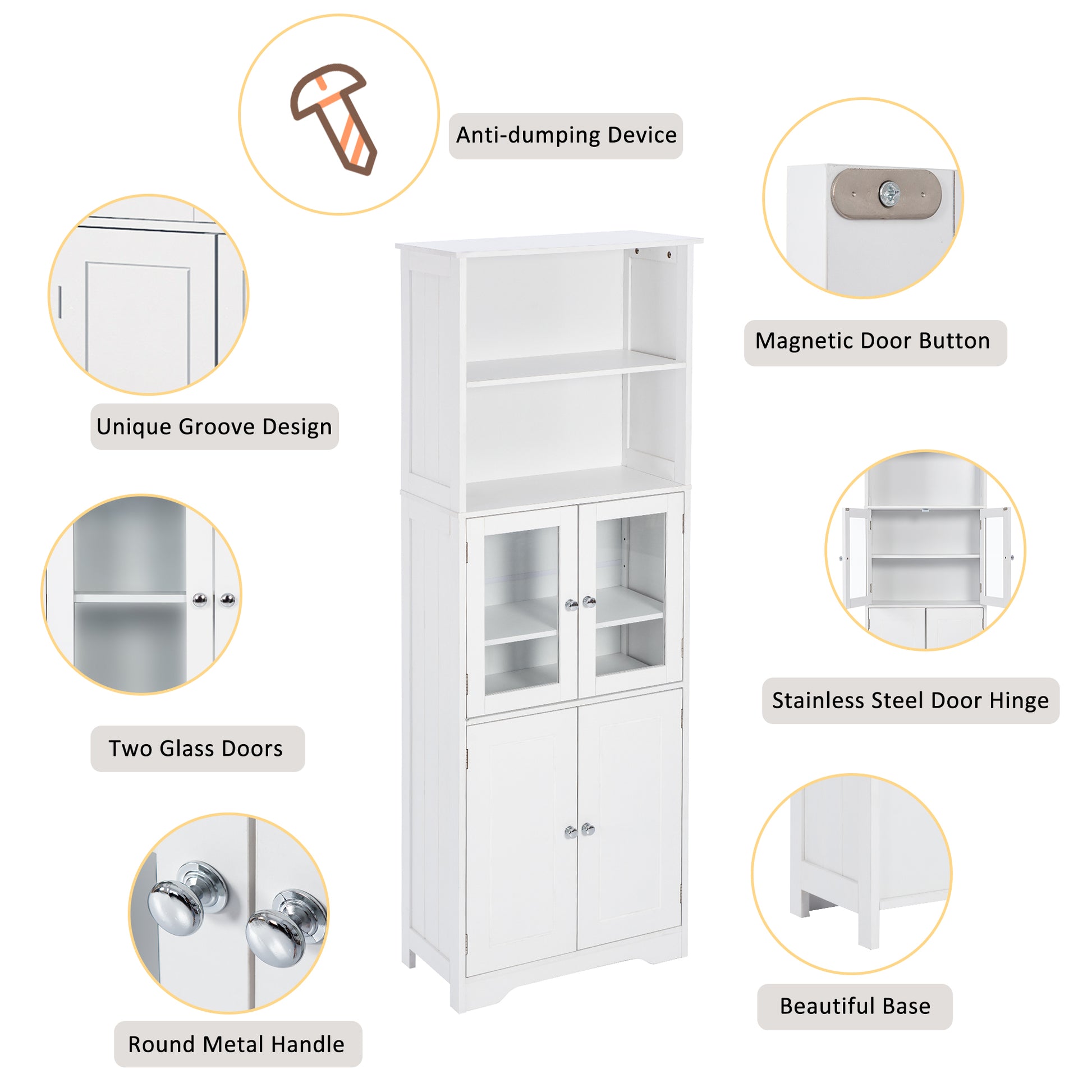 White Tall Storage Cabinet With Shelves And Doors For Bathroom, Kitchen And Living Room, Mdf Board White Mdf