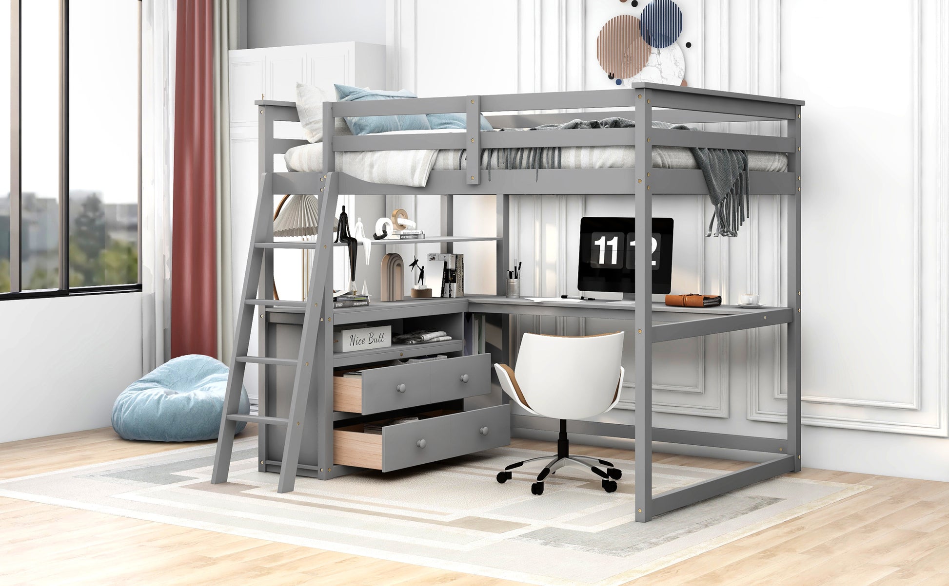 Full Size Loft Bed With Desk And Shelves,Two Built In Drawers,Gray Gray Pine