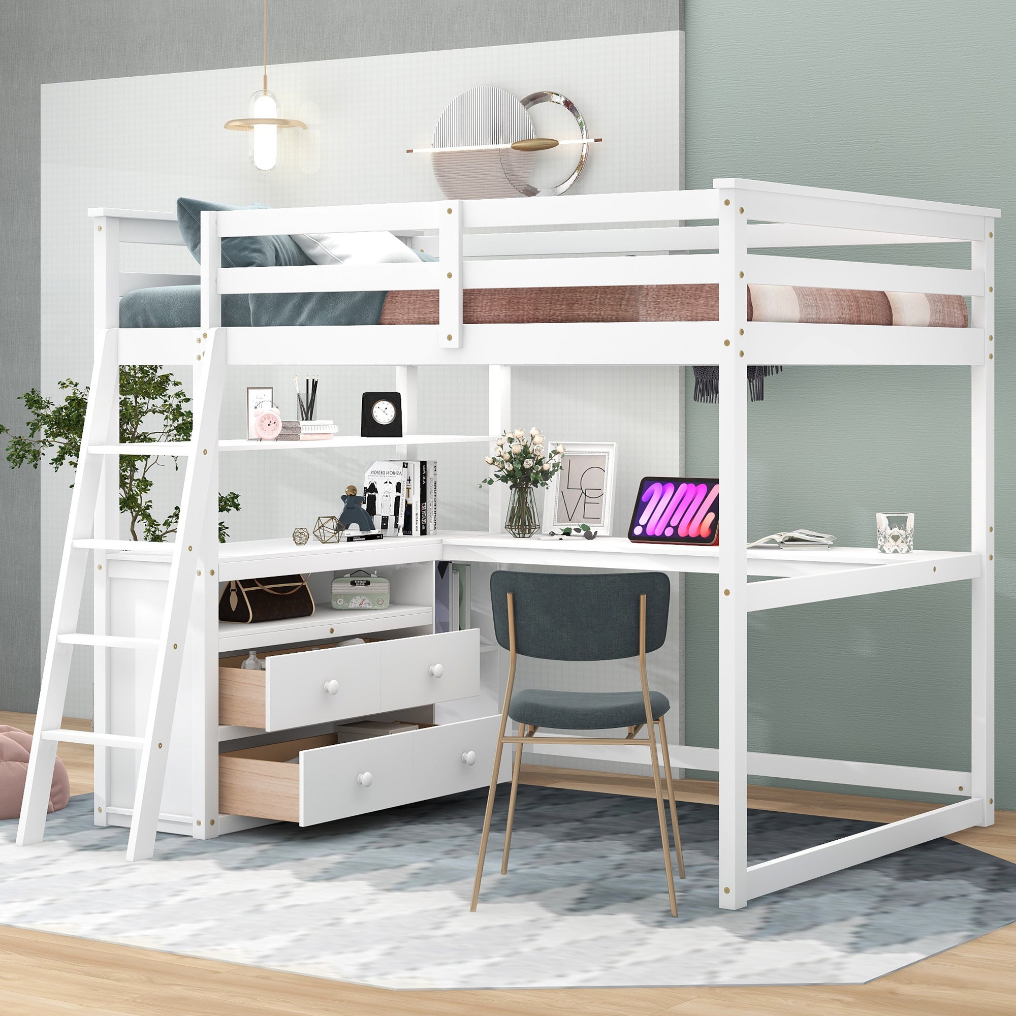 Full Size Loft Bed With Desk And Shelves,Two Built In Drawers,White White Pine