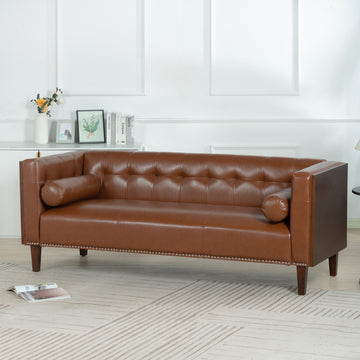78.74" Wooden Decorated Arm 3 Seater Sofa Brown Pu Pu