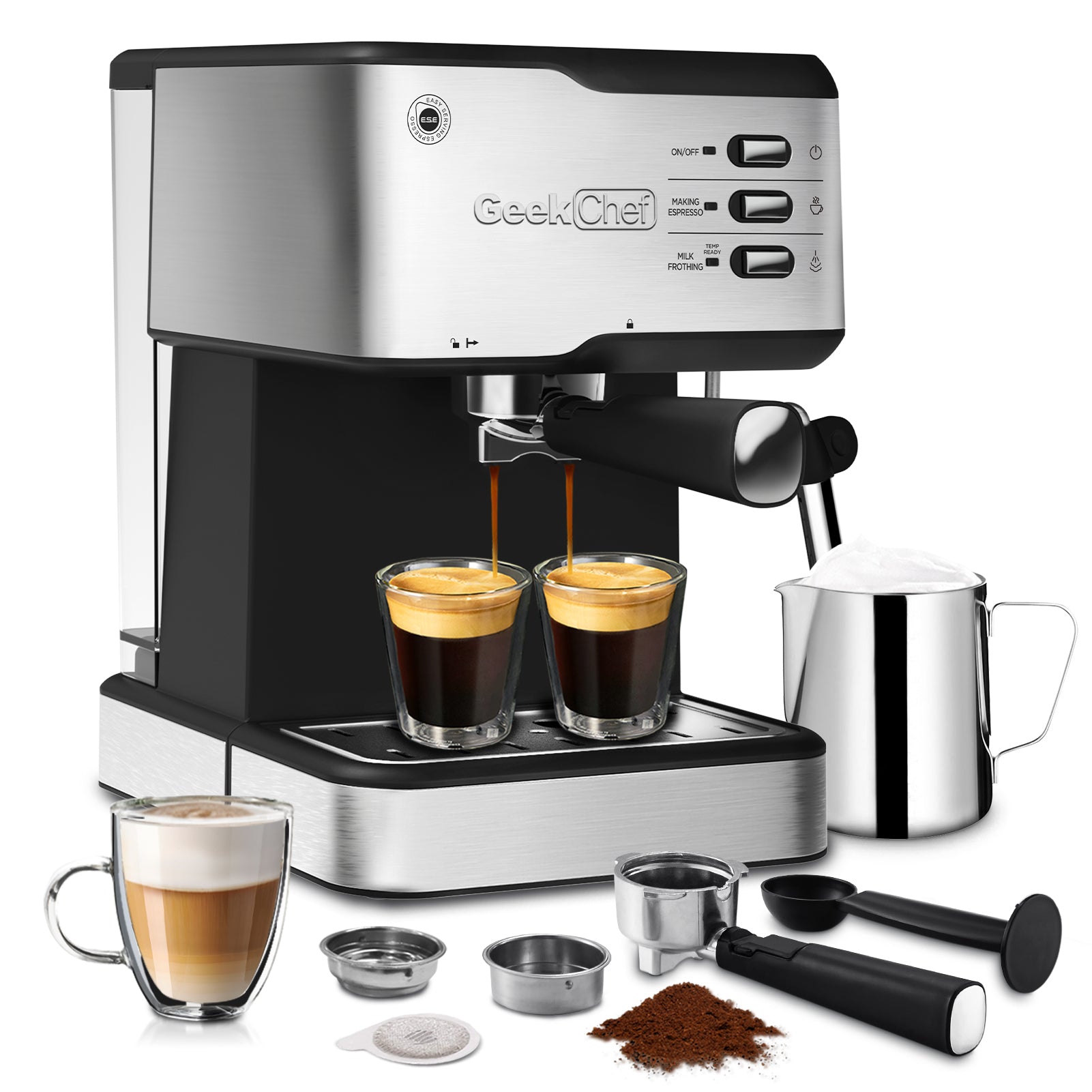 Geek Chef Espresso Machine, Espresso And Cappuccino Latte Maker 20 Bar Pump Coffee Machine Compatible With Ese Pod Capsules Filter&Milk Frother Steam Wand,950W,1.5L Water Tank Ban On Silver Steel