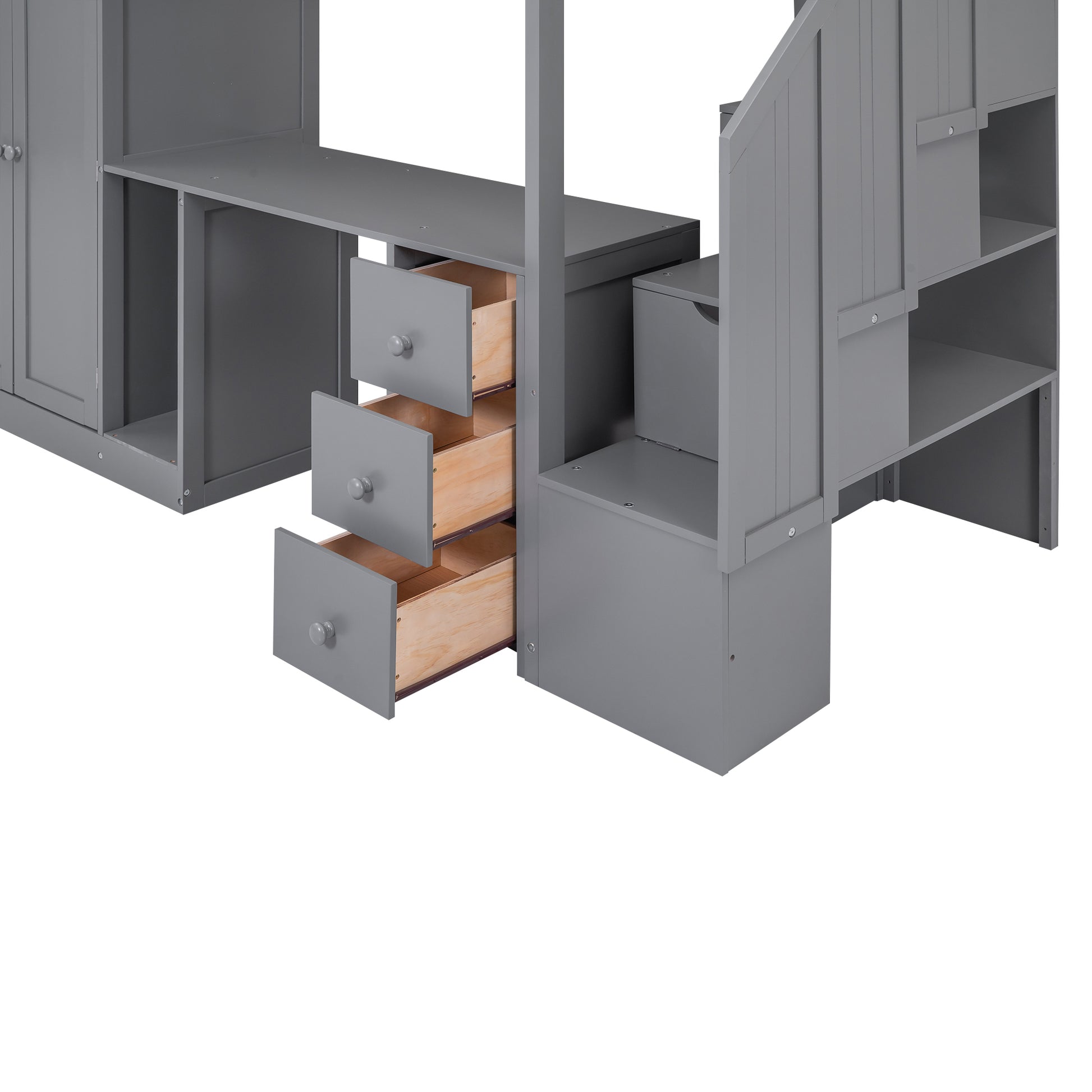 Twin Size Loft Bed With Wardrobe And Staircase, Desk And Storage Drawers And Cabinet In 1,Gray Gray Pine