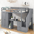 Twin Size Loft Bed With Wardrobe And Staircase, Desk And Storage Drawers And Cabinet In 1,Gray Gray Pine