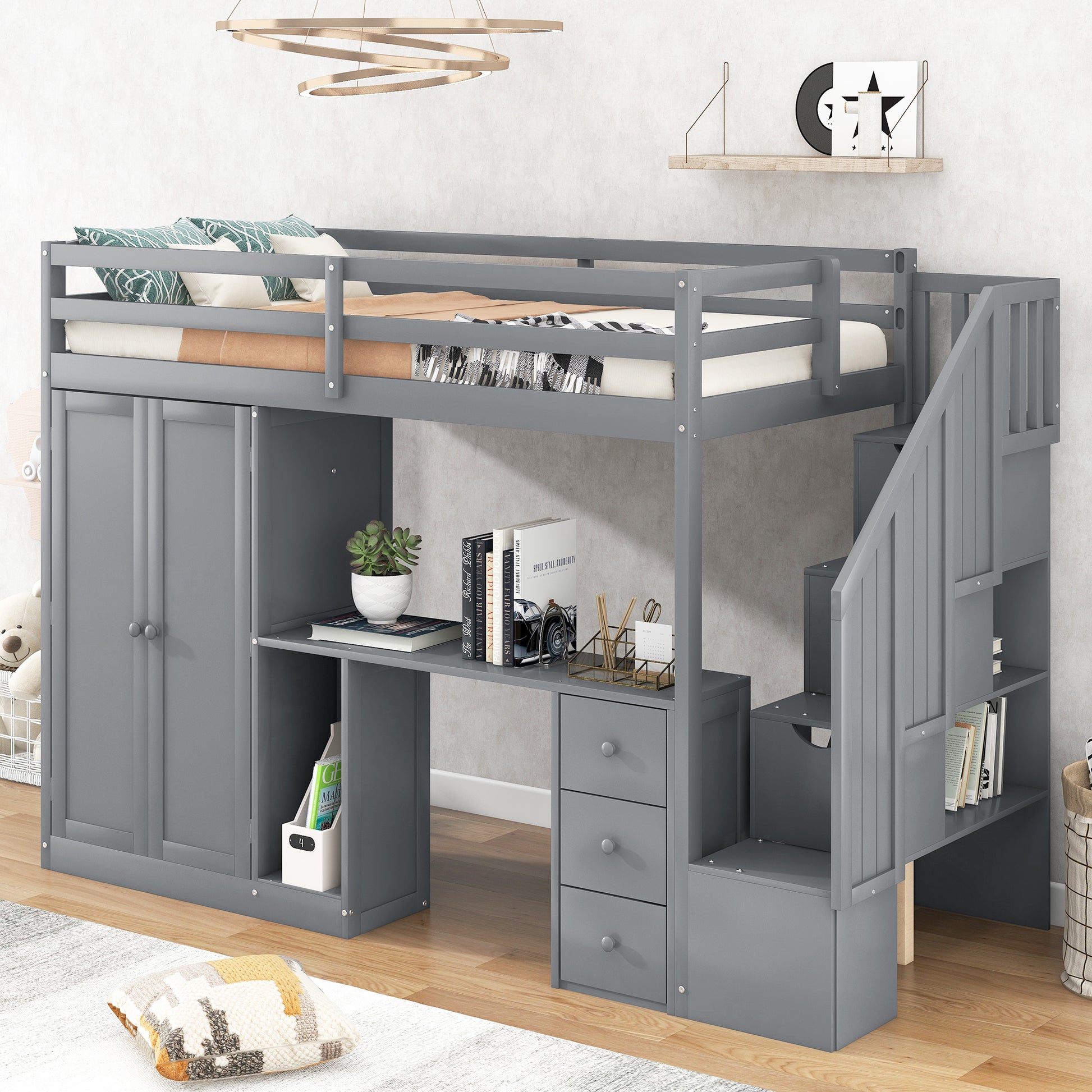 Twin Size Loft Bed With Wardrobe And Staircase, Desk And Storage Drawers And Cabinet In 1,Gray Gray Pine